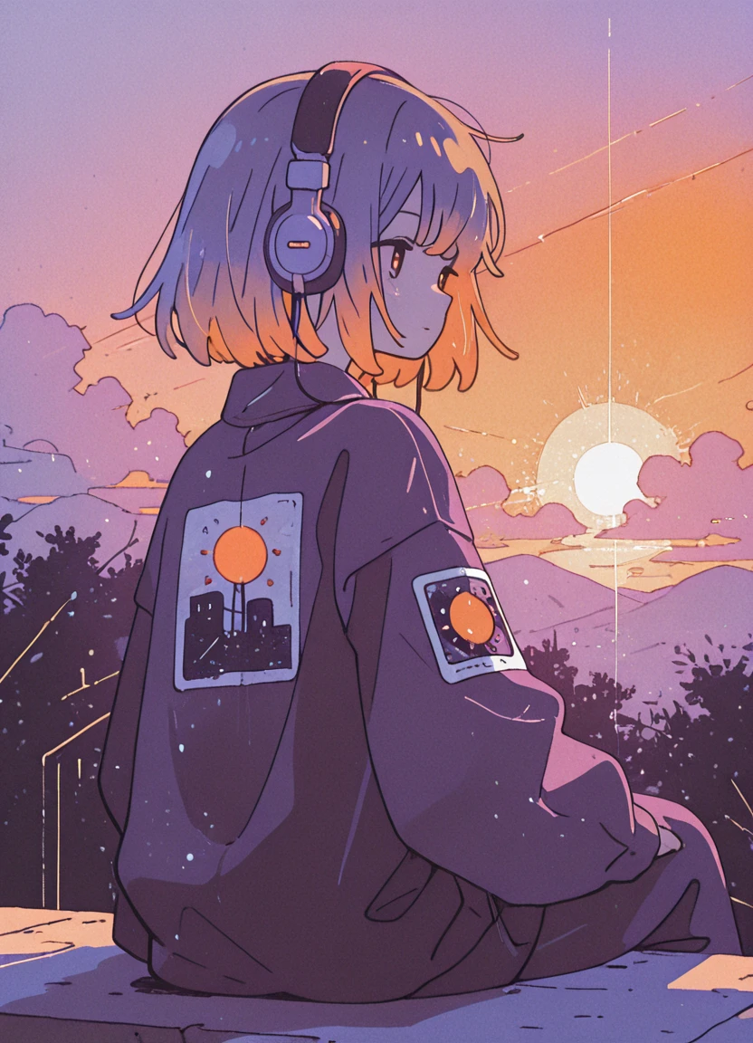 masterpiece, best quality, newest,
1girl, from behind, headphones, sitting, limited palette, two-tone illustration, monochrome purple, soft pastel orange highlights, textured shading, stylized,
dreamy atmosphere, minimalistic background, sunset, outdoors,
vintage print effect, grainy texture, retro aesthetics, silhouette, gentle lighting, peaceful and serene mood