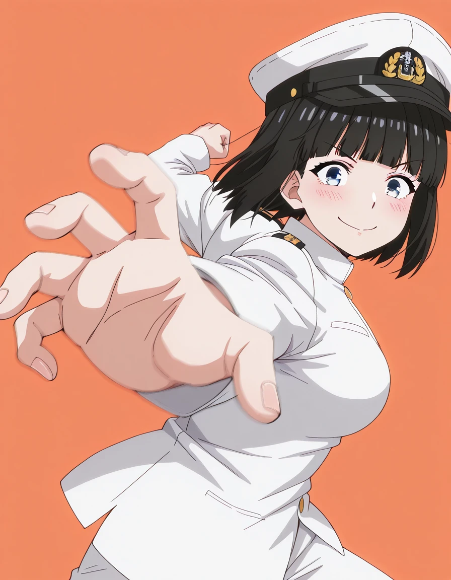 masterpiece, best quality, amazing quality,, <lora:kukumi-ureshino-s1-illustriousxl-lora-nochekaiser:1>, kukumi ureshino, short hair, blue eyes, black hair, blunt bangs, bob cut, mature female, medium breasts, anime screencap, <lora:kancolle-admiral-cosplay-illustriousxl-lora-nochekaiser:1>, kancolle admiral cosplay, admiral (kancolle) (cosplay), naval uniform, cosplay, military uniform, military, peaked cap,, <lora:pepe-punch-illustriousxl-lora-nochekaiser:1>, pepe punch, looking at viewer, blush, smile, simple background, closed mouth, clenched fist, foreshortening, punching, incoming punch, incoming attack, ,