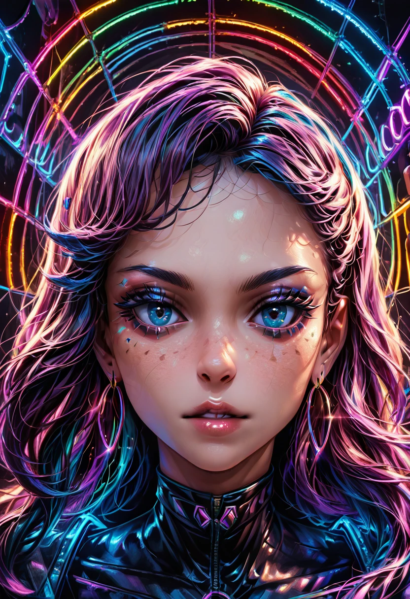 masterpiece, best quality, l1ghtTunn3l, 1girl, solo, long hair, looking at viewer, bangs, blue eyes, jewelry, purple hair, multicolored hair, earrings, parted lips, lips, eyelashes, makeup, portrait, freckles, hoop earrings, cyberpunk, neon lights ,<lora:LightTunnel_IXL:1.0>,