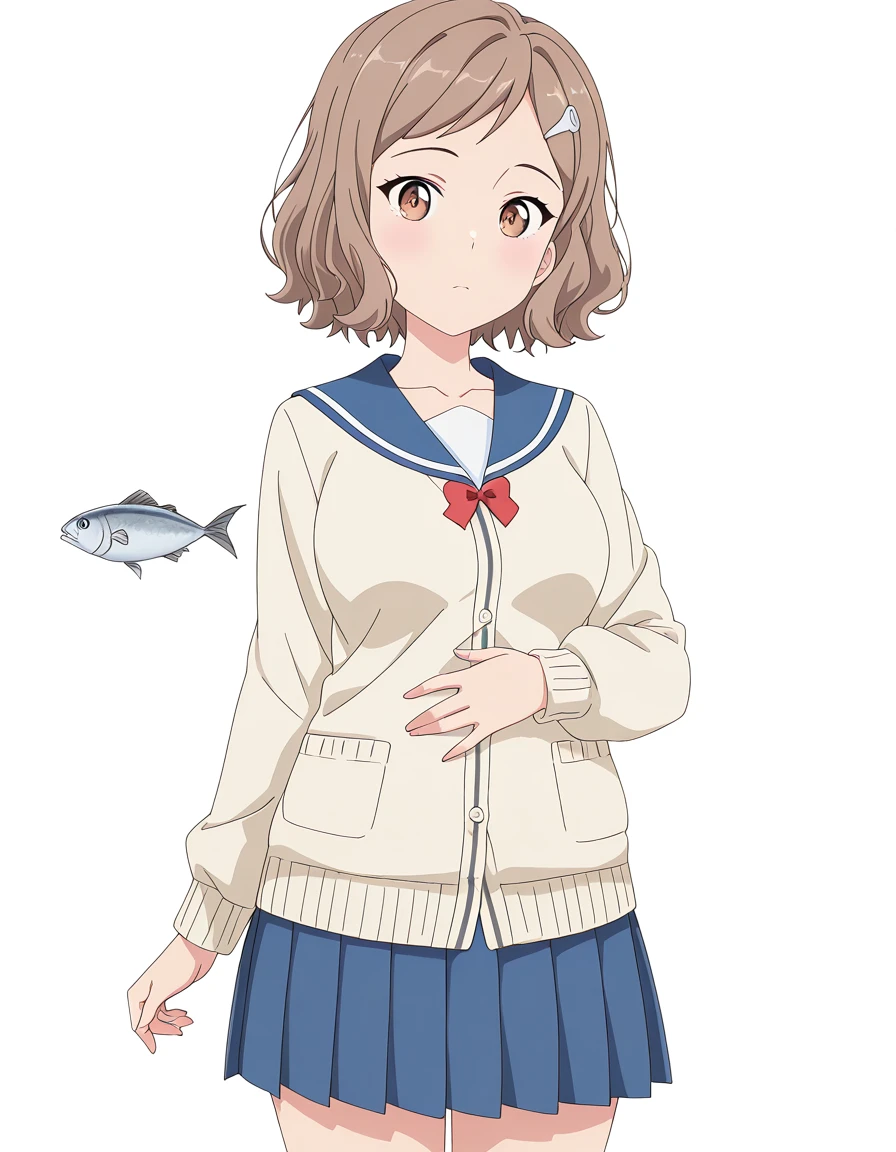 masterpiece, best quality, amazing quality,, <lora:kara-minami-s1-illustriousxl-lora-nochekaiser:1>, kara minami, short hair, brown hair, hair ornament, brown eyes, hairclip, mature female, medium breasts, anime screencap, skirt, long sleeves, bow, collarbone, pleated skirt, serafuku, bowtie, sailor collar, red bow, blue skirt, cardigan, blue sailor collar, red bowtie,, hand on stomach, blush,, river, flowing, fish, banks, current, cowboy shot, solo, looking at viewer, <lora:transparent-background-illustriousxl-lora-nochekaiser:1>, transparent background, simple background, white background
