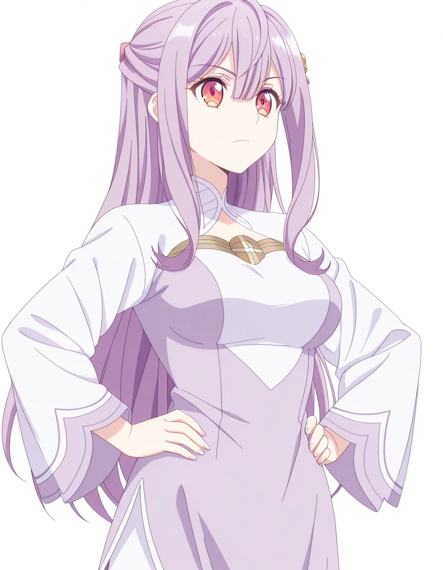 masterpiece, best quality, amazing quality,, <lora:mia-adenauer-s1-illustriousxl-lora-nochekaiser:1>, mia adenauer, hair between eyes, red eyes, purple hair, long hair, half-updo, hair ornament, sidelocks, mature female, medium breasts, anime screencap, <lora:kung-fu-illustriousxl-lora-nochekaiser:1>, kung fu, martial arts, training, fighting stance, cowboy shot, hands on own hips, , <lora:transparent-background-illustriousxl-lora-nochekaiser:1>, transparent background, simple background, white background