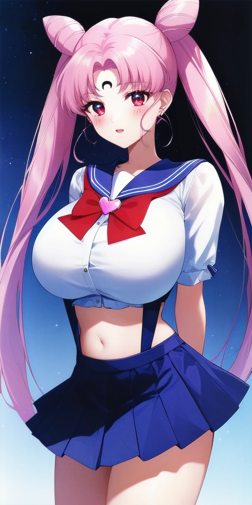 Wearing a sailor uniform、The clothes are a little fluffy、Large breasts、Pink Hair、long hair、Nipples are visible、White panty pants are slipping、I can see her pussy、anime、Pale pink eyes、Cute Girls