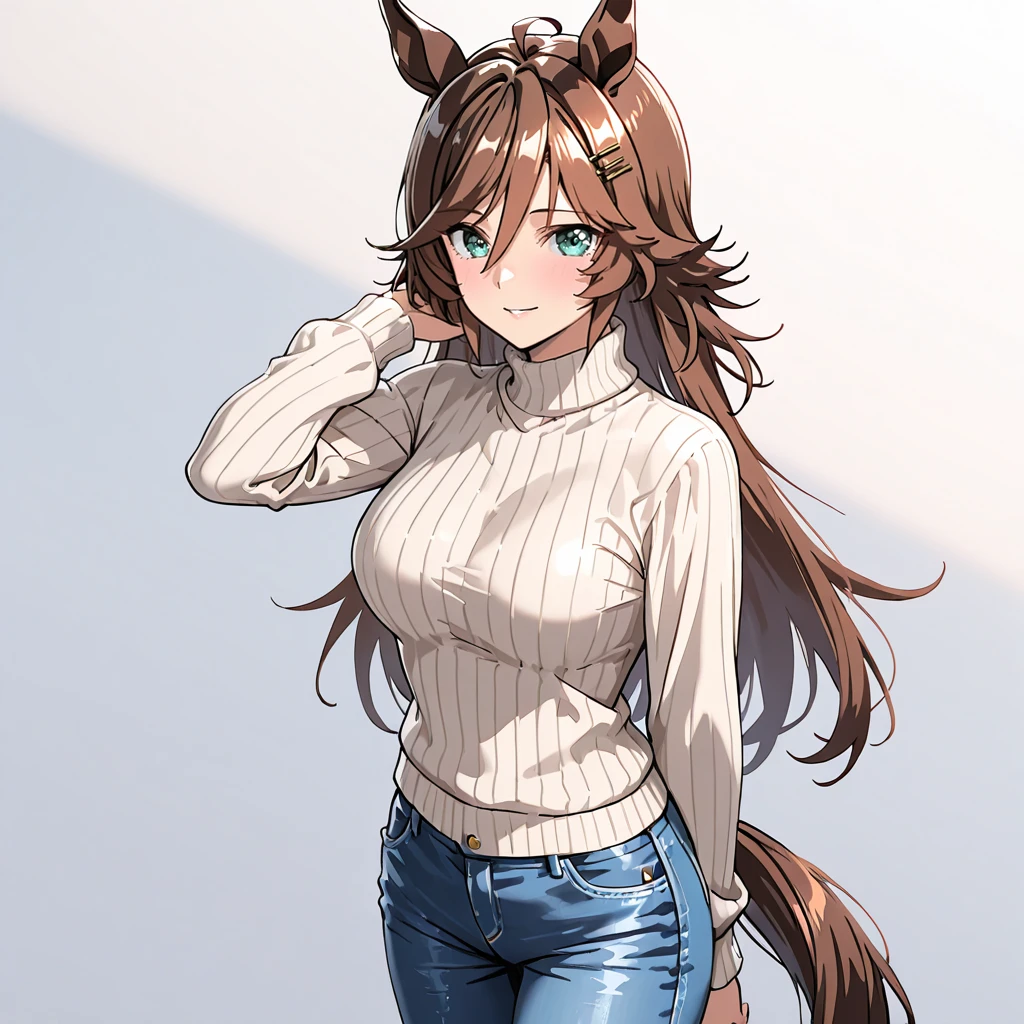 <lora:MrCB_illustrious_v1:1> MrCB, 1girl, animal ears, horse tail, brown hair, hair between eyes, bangs, horse girl, hairclip, medium breasts, green eyes, cowboy shot, sweater, jeans