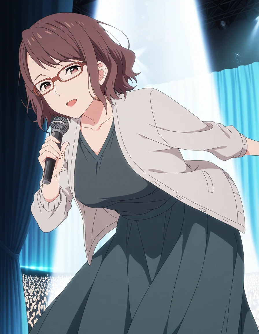 masterpiece, best quality, amazing quality,, <lora:yuuri-makuwa-s1-illustriousxl-lora-nochekaiser:1>, yuuri makuwa, short hair, brown hair, glasses, medium hair, brown eyes, mature female, breasts, anime screencap, shirt, skirt, long sleeves, dress, jacket, open clothes, black shirt, white jacket, cardigan, long skirt, grey jacket,, leaning forward,, stage, curtains, spotlight, audience, microphone, cowboy shot, solo, looking at viewer,