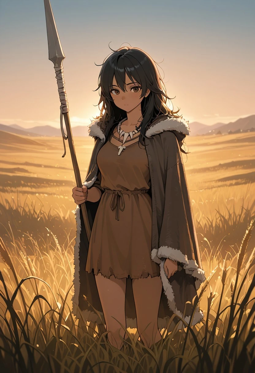 warm colors, masterpiece, best quality, amazing quality, (((solo))),
black hair, brown eyes, long hair, messy hair, medium breasts, brown skin, noon time, summer season, prehistoric stone age, brown short loose fitting prehistoric cloak with a fur trim, brown fur prehistoric high neckline short dress with a fur trim, bone necklace, grassland, tall savanna grass, holding a wooden spear, hiding in the tall grass,
