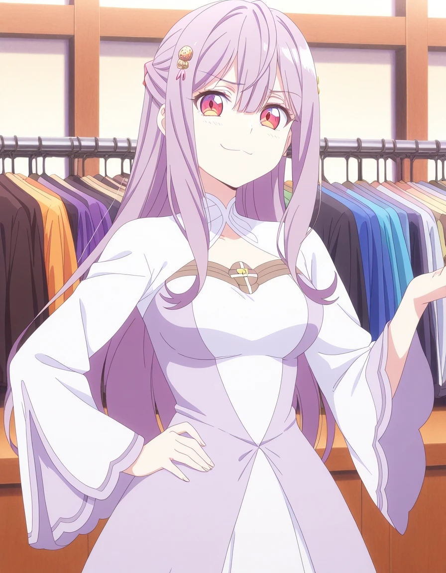 masterpiece, best quality, amazing quality,, <lora:mia-adenauer-s1-illustriousxl-lora-nochekaiser:1>, mia adenauer, hair between eyes, red eyes, purple hair, long hair, half-updo, hair ornament, sidelocks, mature female, medium breasts, anime screencap, long sleeves, dress, wide sleeves, white dress, purple dress, smug, hand on own hip,, music store, browsing records, headphones, vinyl collection, nostalgic, cowboy shot, solo, looking at viewer,