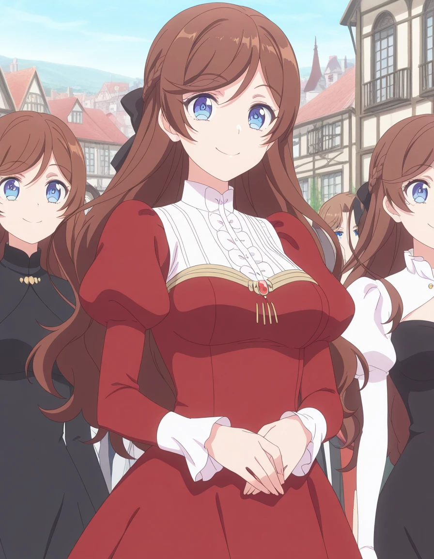 masterpiece, best quality, amazing quality,, <lora:kanpekiseijo-elizabeth-s1-illustriousxl-lora-nochekaiser:1>, kanpekiseijo elizabeth, long hair, blue eyes, brown hair, braid, hair bow, black bow, mature female, medium breasts, anime screencap, long sleeves, dress, puffy sleeves, red dress, juliet sleeves, smile, town, small, streets, community, people, cowboy shot, solo, looking at viewer,