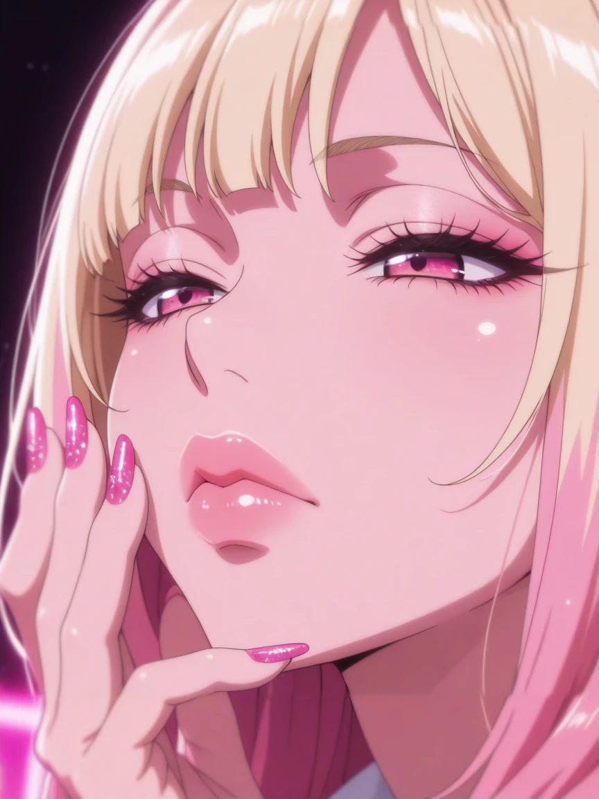 masterpiece, ultra-HD, high detail, depth of field, best quality, 8k, best quality, ergonomic,
(anime coloring, anime screencap), official art.
1girl, eyelashes, gyaru, thick lips, beautiful, narrowed eyes, expressionless, closed mouth. blonde and pink hair. bangs. real skin, long nail polish, glitter nail polish. hand view. pink neon lighting, erotic photo theme. shoot from side, face focus, dynamic composition, dynamic angle.