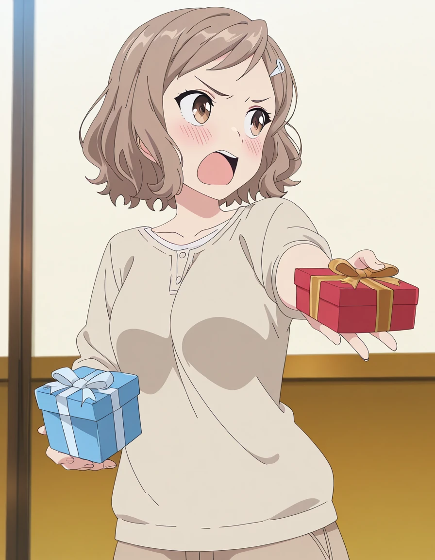 masterpiece, best quality, amazing quality,, <lora:kara-minami-s1-illustriousxl-lora-nochekaiser:1>, kara minami, short hair, brown hair, hair ornament, brown eyes, hairclip, mature female, medium breasts, anime screencap, <lora:tsundere-illustriousxl-lora-nochekaiser:1>, tsundere, giving, outstretched arm, gift, blush, open mouth, looking away, cowboy shot, ,