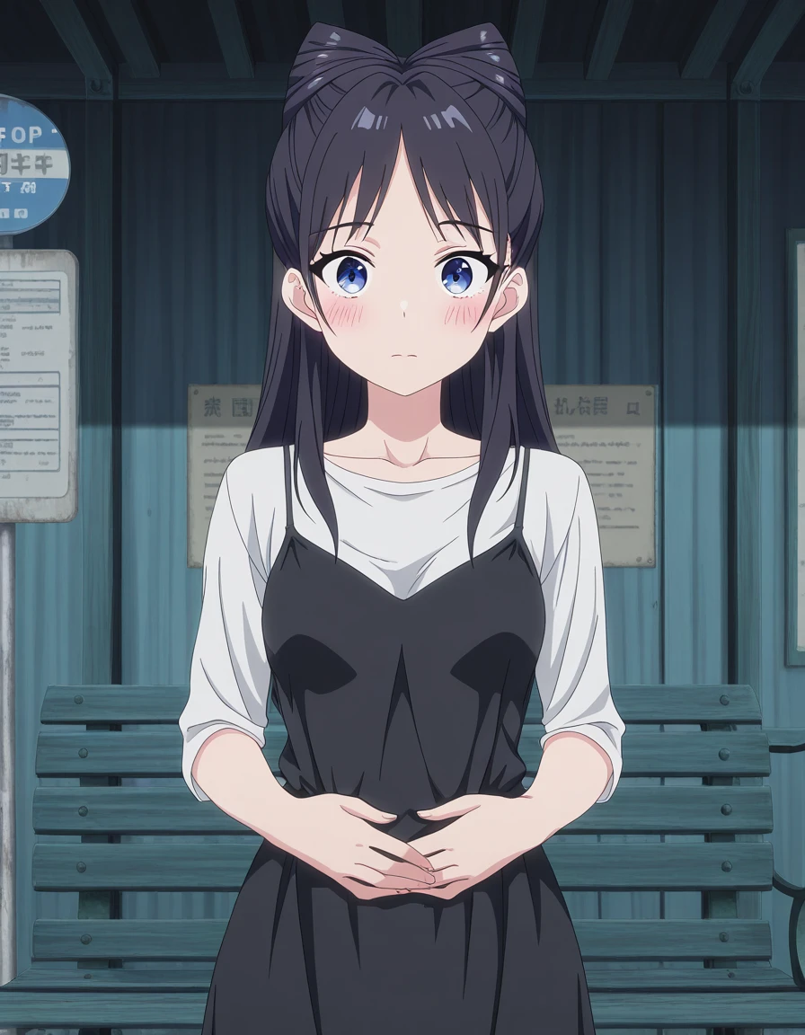 masterpiece, best quality, amazing quality,, <lora:nemu-miyao-s1-illustriousxl-lora-nochekaiser:1>, nemu miyao, long hair, blue eyes, black hair, hair bun, half updo, cone hair bun, mature female, small breasts, anime screencap, shirt, dress, white shirt, sleeveless dress, black dress, camisole, black camisole, hands on stomach, blush,, bus stop, waiting, benches, shelter, route, cowboy shot, solo, looking at viewer,