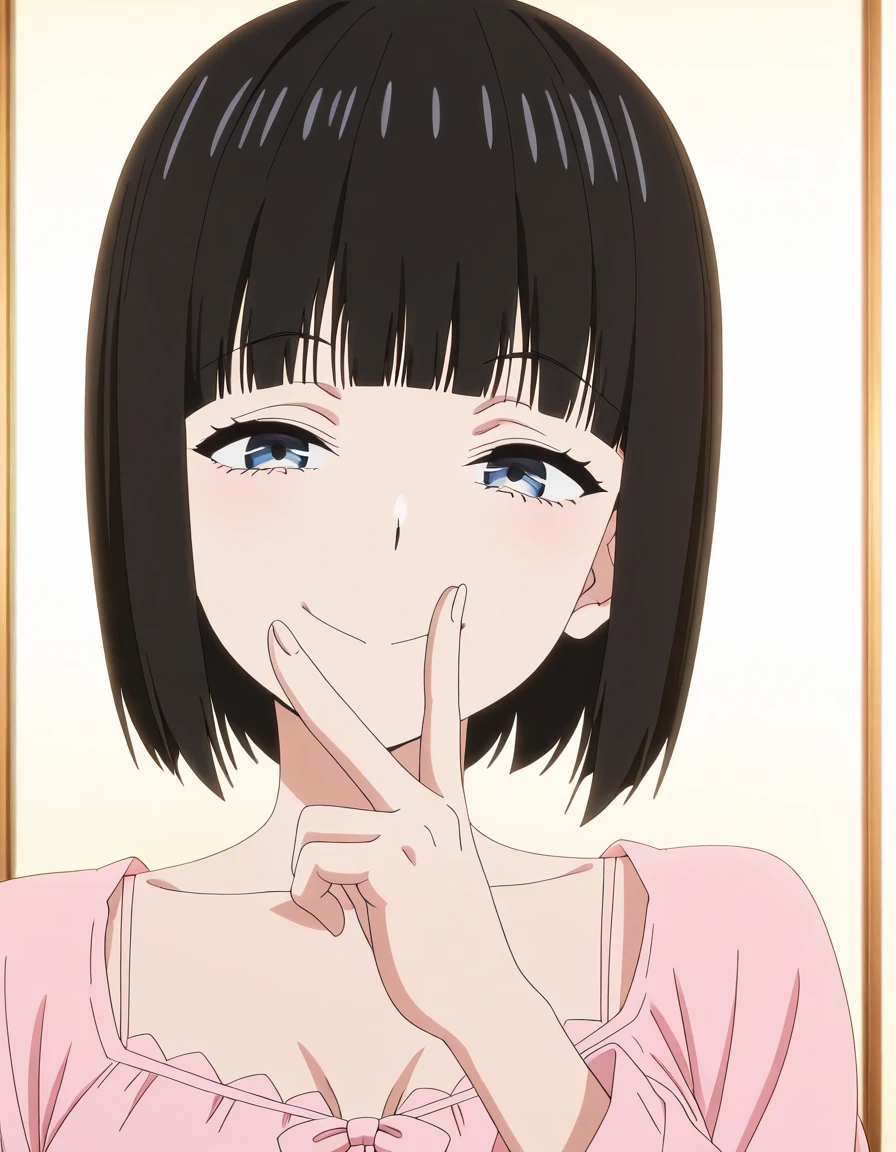 masterpiece, best quality, amazing quality,, <lora:kukumi-ureshino-s1-illustriousxl-lora-nochekaiser:1>, kukumi ureshino, short hair, blue eyes, black hair, blunt bangs, bob cut, mature female, medium breasts, anime screencap, <lora:nightgown-illustriousxl-lora-nochekaiser:1>, nightgown, sleepwear, pajamas, lingerie, spaghetti strap, pink nightgown,, v, v over mouth, smug,, ,