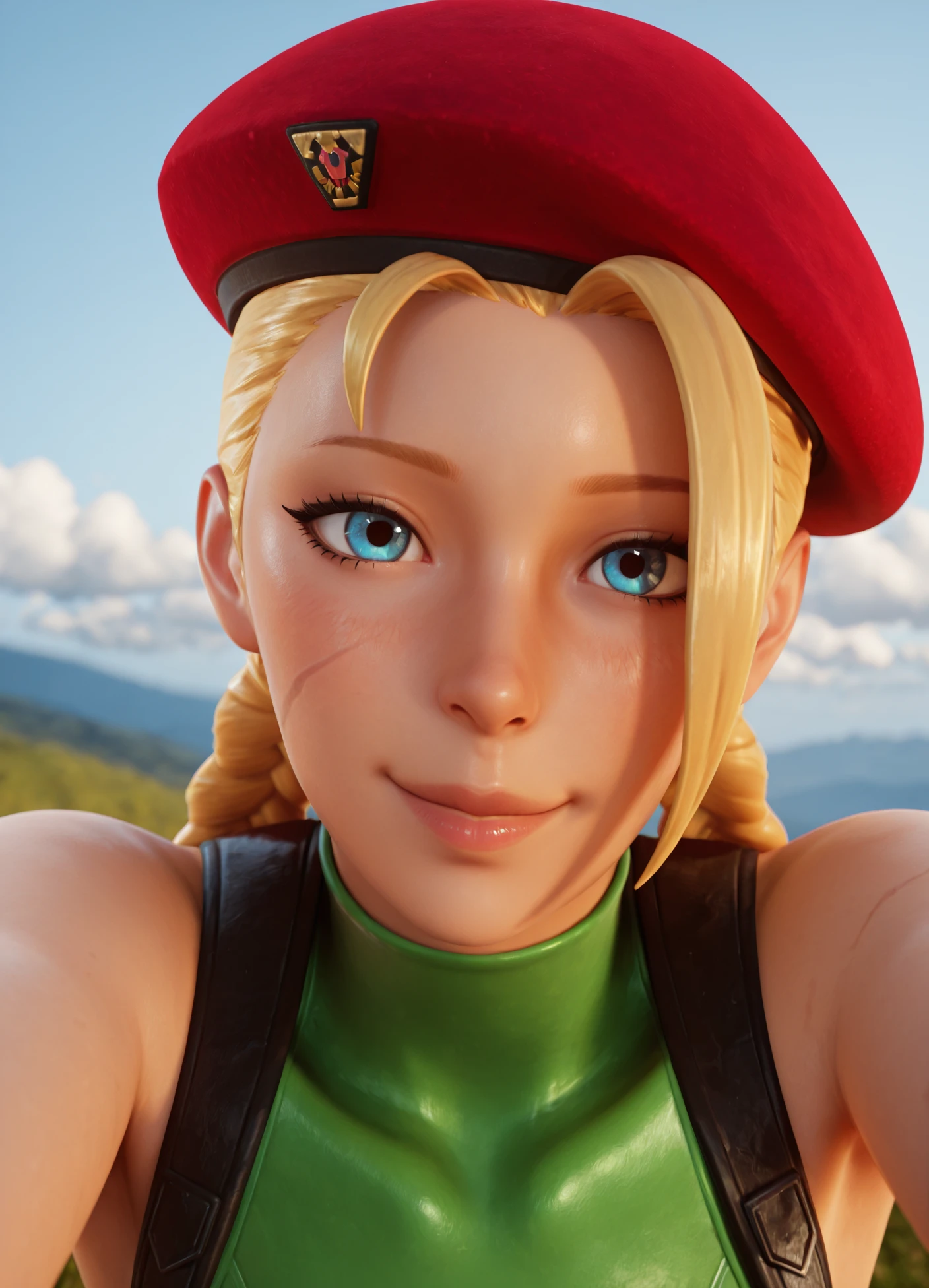 masterpiece, best quality, amazing quality, ultra-detailed, absurdres, newest, scenery, 3d, rendered, realistic, pixar style, intricate details, looking at viewer, hyperdetailed skin texture, specular highlights, perfect lighting, subsurface scattering, high resolution, very aesthetic, 4k, 8k, photorealistic,
1girl, (cellulite:0.8), skindentation, black eye shadow, detailed blue eyes,
1girl, solo, long hair, hat, red beret, blonde hair, braid, twin braids, blue eyes, scar, antenna hair, lips, nose, ahoge, huge ahoge, green leotard, upper body, blurry background, pov, happy, blush, outdoors, clouds, soft lighting,
ultra detailed, finely detailed skin, pores, wrinkles, detailed eyelashes, volumetric lighting, cinematic lighting, global illumination, ray tracing,
<lora:CammyFortniteK112:1>