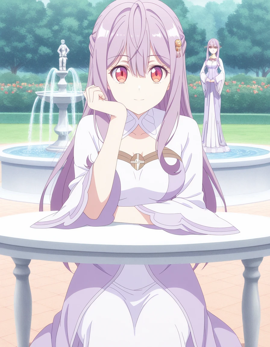 masterpiece, best quality, amazing quality,, <lora:mia-adenauer-s1-illustriousxl-lora-nochekaiser:1>, mia adenauer, hair between eyes, red eyes, purple hair, long hair, half-updo, hair ornament, sidelocks, mature female, medium breasts, anime screencap, long sleeves, dress, wide sleeves, white dress, purple dress, sitting, elbow rest, table,, fountain, water, spray, sculpture, garden, cowboy shot, solo, looking at viewer,