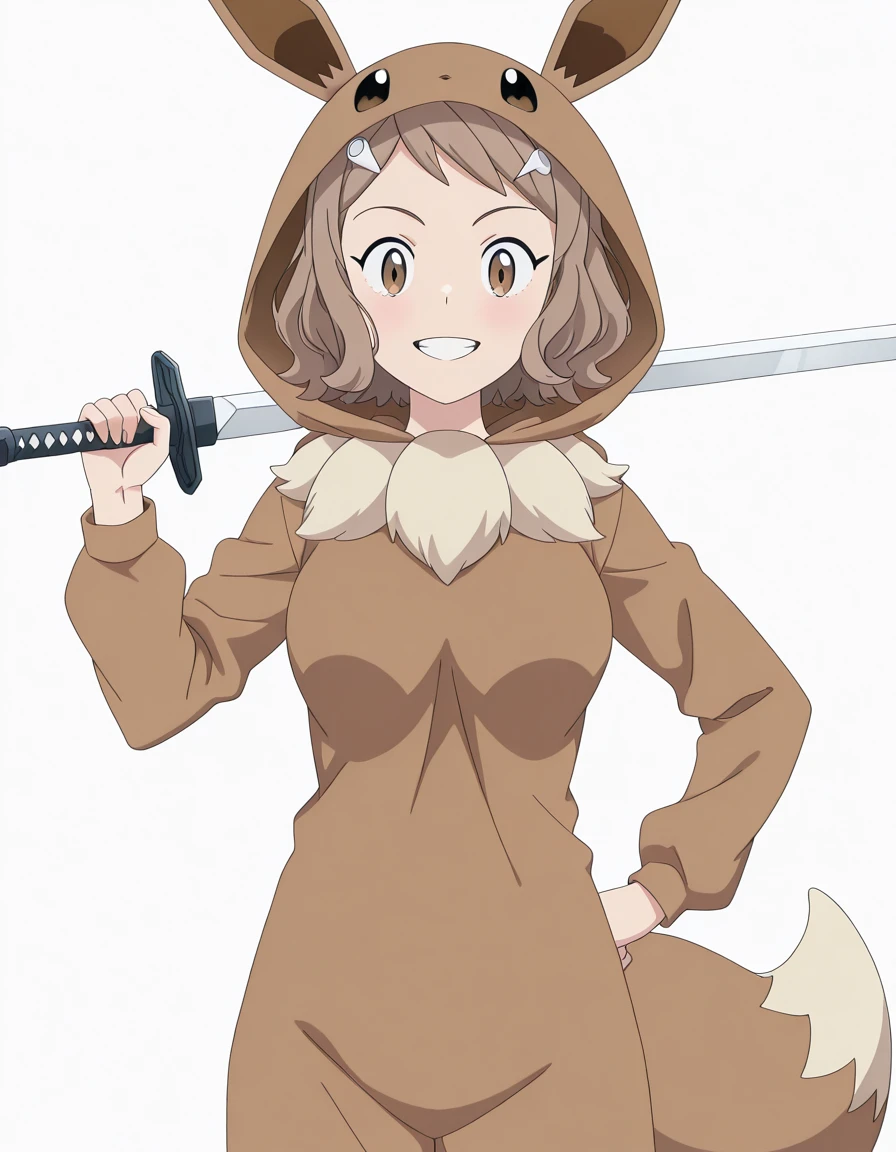 masterpiece, best quality, amazing quality,, <lora:kara-minami-s1-illustriousxl-lora-nochekaiser:1>, kara minami, short hair, brown hair, hair ornament, brown eyes, hairclip, mature female, medium breasts, anime screencap, <lora:eevee-cosplay-illustriousxl-lora-nochekaiser:1>, eevee cosplay, eevee (cosplay), cosplay, hood, hood up, long sleeves, kigurumi, animal ears, pokemon tail, tail,, <lora:sword-over-shoulder-illustriousxl-lora-nochekaiser:1>, sword over shoulder, weapon over shoulder, holding, holding sword, holding weapon, sword, hand on own hip, grin, looking at viewer,, ,