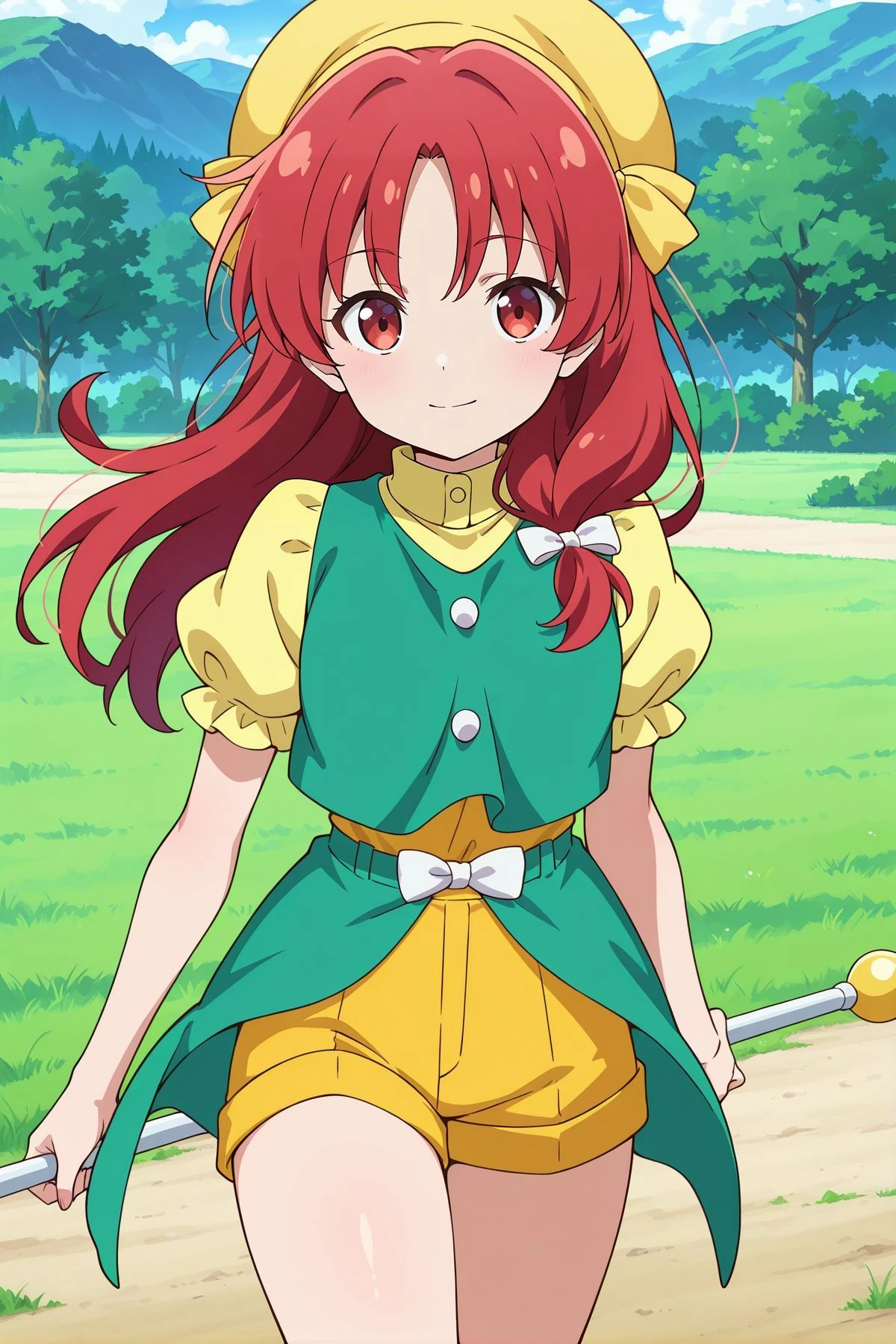 absurdres, highres, masterpiece, best quality, amazing quality, official anime artwork, screencap, anime screencap, outdoors, looking at viewer, light smile, dynamic pose, 
 <lora:Orange_Illustrious:1> Orange, 1girl, solo, red eyes, red hair, long hair,, yellow headwear, hair ribbon, turtleneck, green shirt, undershirt, yellow undershirt, yellow sleeves, white buttons, puffy short sleeves, frilled sleeves, yellow shorts, holding, twirl baton,