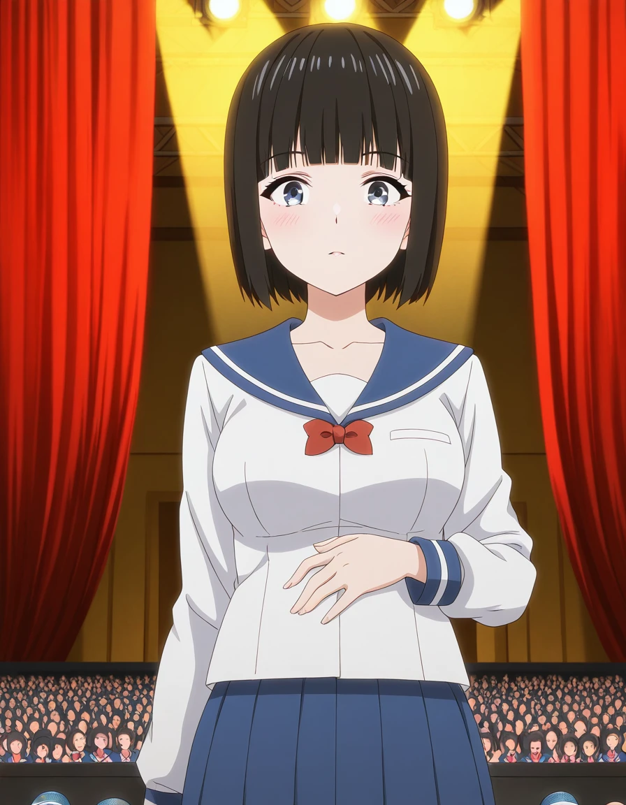 masterpiece, best quality, amazing quality,, <lora:kukumi-ureshino-s1-illustriousxl-lora-nochekaiser:1>, kukumi ureshino, short hair, blue eyes, black hair, blunt bangs, bob cut, mature female, medium breasts, anime screencap, shirt, skirt, long sleeves, bow, collarbone, white shirt, pleated skirt, serafuku, bowtie, sailor collar, red bow, blue skirt, blue sailor collar, red bowtie,, hand on stomach, blush,, stage, curtains, spotlight, audience, microphone, cowboy shot, solo, looking at viewer,