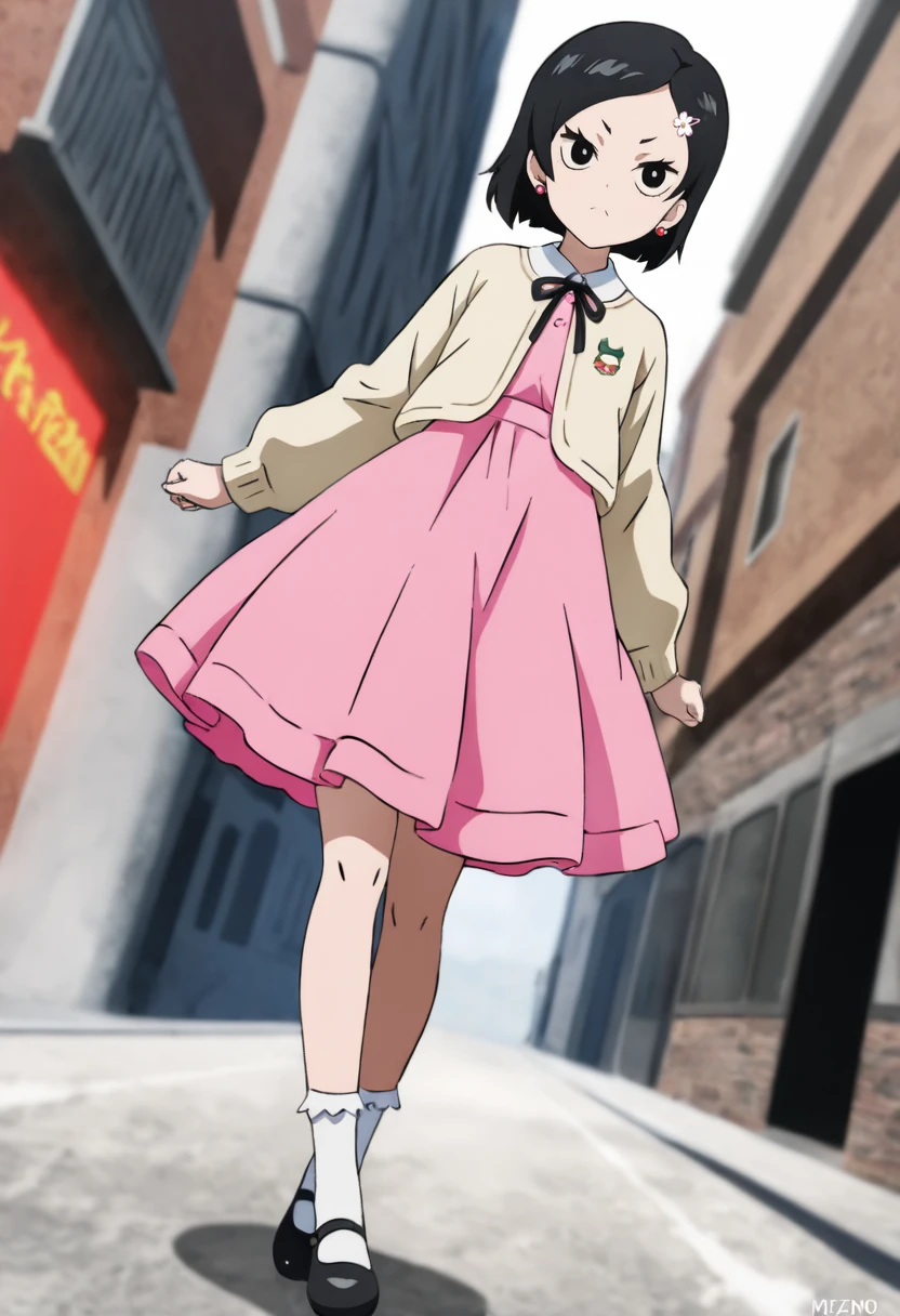 opmzenko, 1girl, solo, black hair, short hair, black eyes, hair ornament, hairclip, pink dress, beige cardigan, white socks, mary janes, full body, outdoors, dynamic composition, dramatic deep colors, ambient light, sharp focus, intricate, elegant, highly detailed, professional, cinematic, fine detail, serious