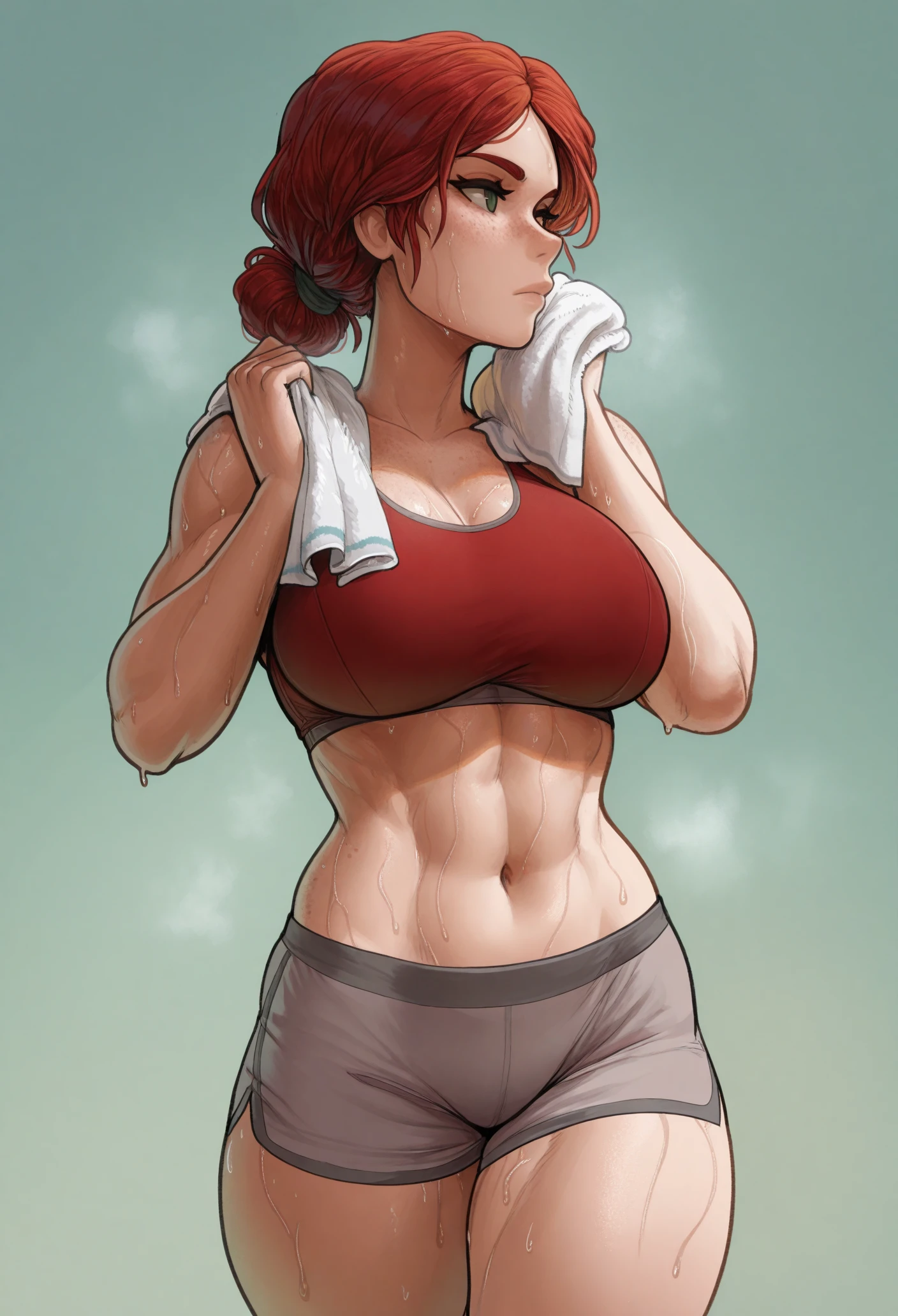 (1980s anime), Mature redhead with freckles, hair done up in a crown braid, ((tan skin)), yellow eyes, wearing a white skin tight tanktop, female abs, small waist, slim hips, lifting up tanktop, clothes lift, lifted by self, exposed underboob, large breasts, nipple bulge, breasts almost exposed, covered nipples, almost exposed, looking at viewer, no bra, full back panties with tight white thigh highs, outdoors, night sky