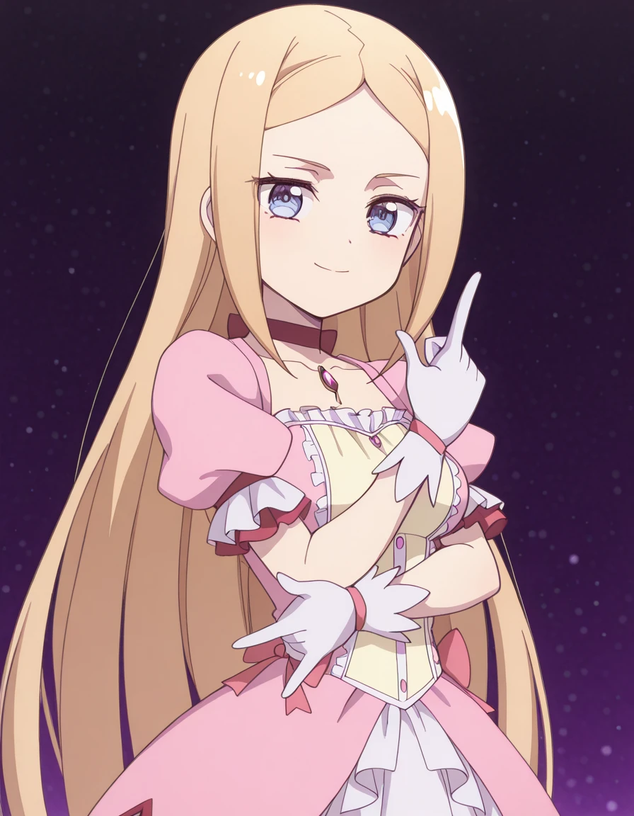 masterpiece, best quality, amazing quality,, <lora:elsa-notis-s1-illustriousxl-lora-nochekaiser:1>, elsa notis, long hair, blonde hair, very long hair, blue eyes, parted bangs, mature female, medium breasts, anime screencap, <lora:kaname-madoka-cosplay-illustriousxl-lora-nochekaiser:1>, kaname madoka cosplay, kaname madoka (cosplay), chest jewel, dress, frilled dress, frills, magical girl, neck ribbon, pink dress, puffy short sleeves, puffy sleeves,, <lora:kakyoin-noriakis-pose-illustriousxl-lora-nochekaiser:1>, kakyoin noriakis pose, kakyoin noriaki's pose (jojo), jojo pose, m/, pointing up, hands up, looking at viewer, smile, cowboy shot, ,
