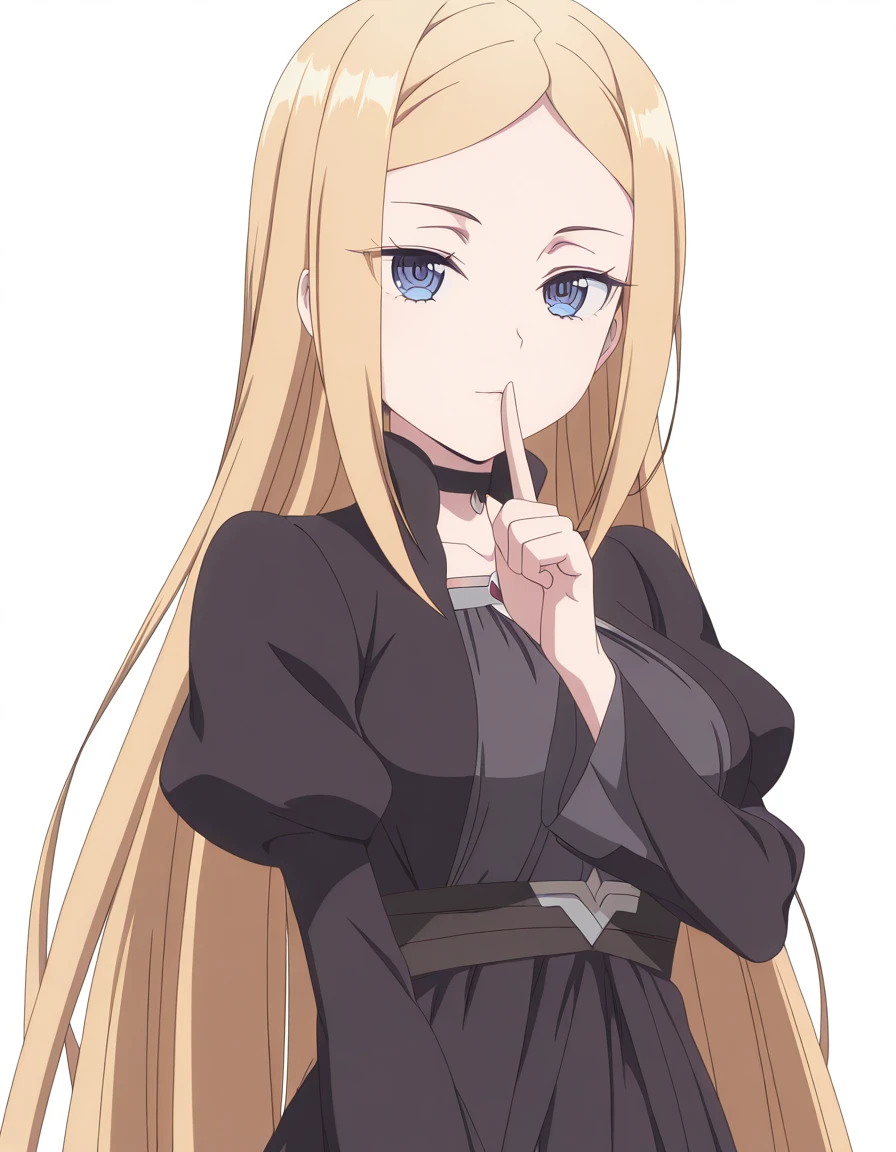 masterpiece, best quality, amazing quality,, <lora:elsa-notis-s1-illustriousxl-lora-nochekaiser:1>, elsa notis, long hair, blonde hair, very long hair, blue eyes, parted bangs, mature female, medium breasts, anime screencap, <lora:shushing-illustriousxl-lora-nochekaiser:1>, shushing, finger to mouth, index finger raised,, , <lora:transparent-background-illustriousxl-lora-nochekaiser:1>, transparent background, simple background, white background