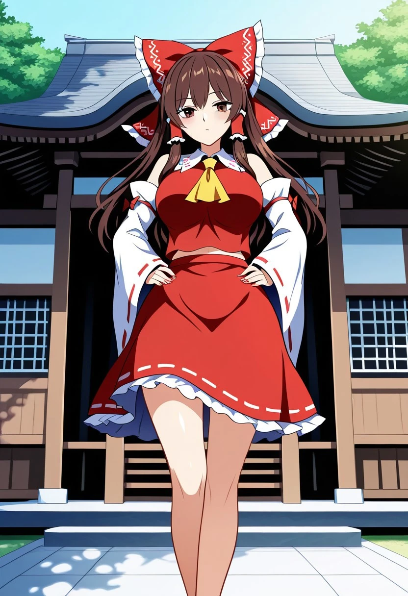 ssaf style, ((outside)), ((Japanese shrine background)), day time, 1girl, solo, looking at viewer, neutral gaze, standing, posing, ((Hakurei Reimu)), ((brown hair)), long hair, ((arms on hips)), ((large breasts)), brown eyes, yellow ascot, red shirt, red skirt, hair bow, detached sleeves, white sleeves, ((legs))