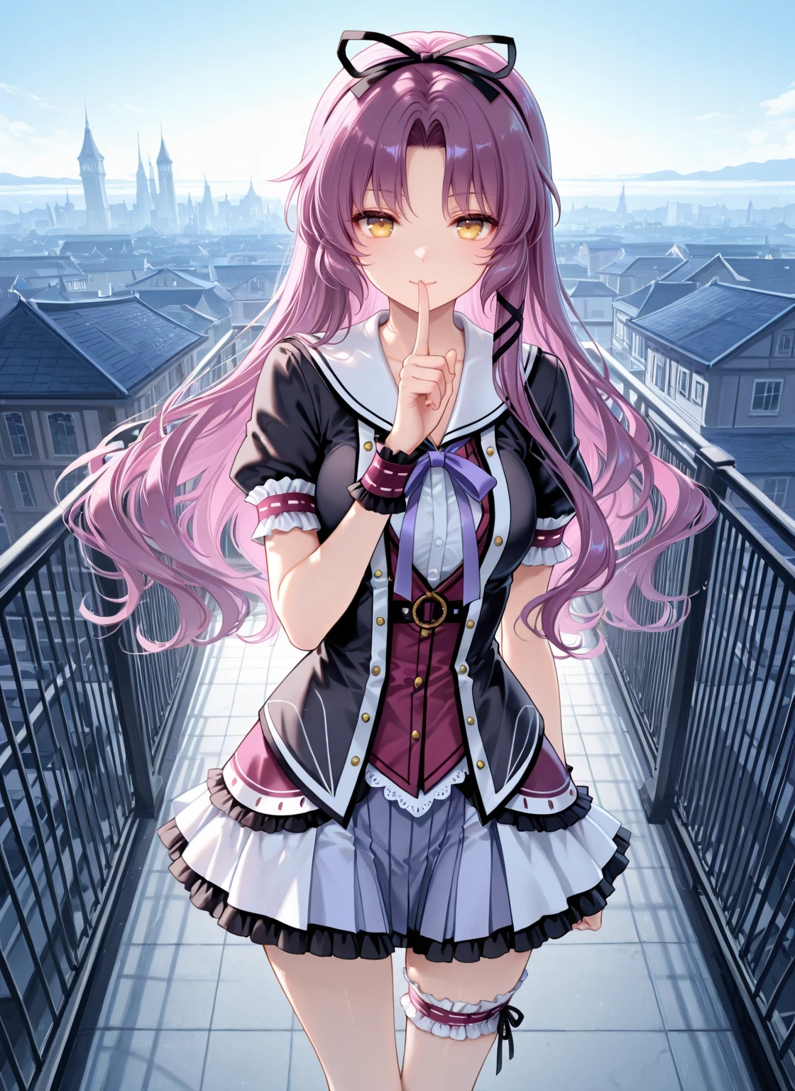 master part, melhor qualidade, high resolution, Purple eyes, high-school uniform, Mini Saia, Saia plissada, Virilha Aberta Agachamento, Elevador de vestido: 2,Show tiny pink panties, olhe para baixo, Angle directly below
