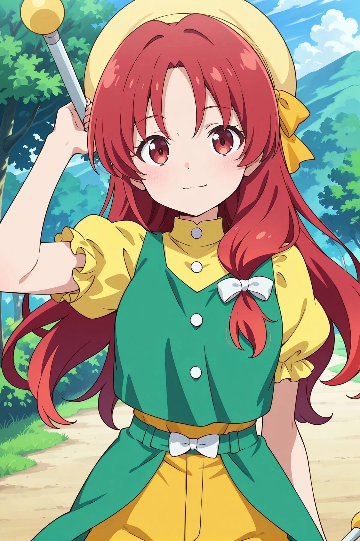 absurdres, highres, masterpiece, best quality, amazing quality, official anime artwork, screencap, anime screencap, outdoors, looking at viewer, light smile, dynamic pose, 
 <lora:Orange_Illustrious:1> Orange, 1girl, solo, red eyes, red hair, long hair,, yellow headwear, hair ribbon, turtleneck, green shirt, undershirt, yellow undershirt, yellow sleeves, white buttons, puffy short sleeves, frilled sleeves, yellow shorts, holding, twirl baton,