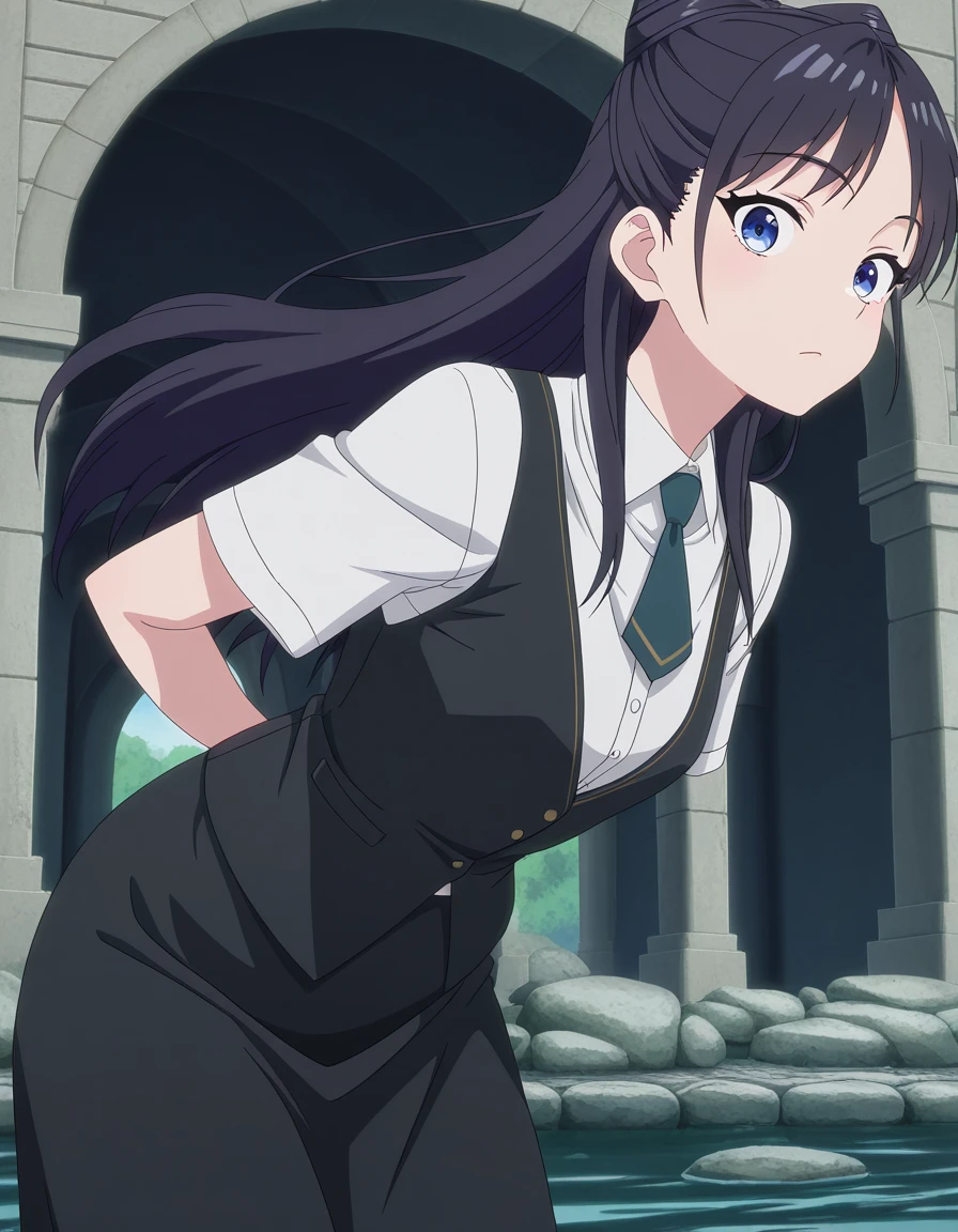 masterpiece, best quality, amazing quality,, <lora:nemu-miyao-s1-illustriousxl-lora-nochekaiser:1>, nemu miyao, long hair, blue eyes, black hair, hair bun, half updo, cone hair bun, mature female, small breasts, anime screencap, shirt, white shirt, short sleeves, necktie, collared shirt, vest, black vest, long skirt, black skirt, leaning forward,, aqueduct, water, stone, arches, ancient, cowboy shot, solo, looking at viewer,