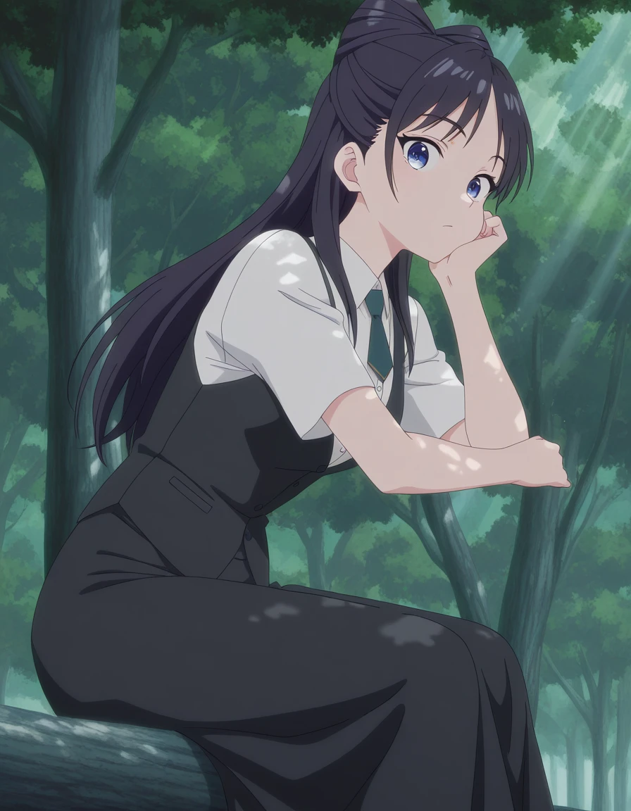 masterpiece, best quality, amazing quality,, <lora:nemu-miyao-s1-illustriousxl-lora-nochekaiser:1>, nemu miyao, long hair, blue eyes, black hair, hair bun, half updo, cone hair bun, mature female, small breasts, anime screencap, shirt, white shirt, short sleeves, necktie, collared shirt, vest, black vest, long skirt, black skirt, head rest, Natural settings, trees, rivers, sunlight, wildlife, cowboy shot, solo, looking at viewer,
