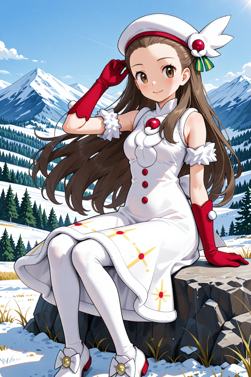 2d, masterpiece, best quality, amazing quality, highres, absurdres, newest, 1girl, solo, sitting, on rock, feet in snow, mountain, sunshine, clear sky, colorful, woods, landscape, medium breasts, mature female,, holjasmine, brown eyes, brown hair, long hair, hair ornament, hat, white headwear, sleeveless dress, white dress, buttons, fur armlet, red gloves, pom pom \(clothes\), thigh boots, footwear bow, white footwear