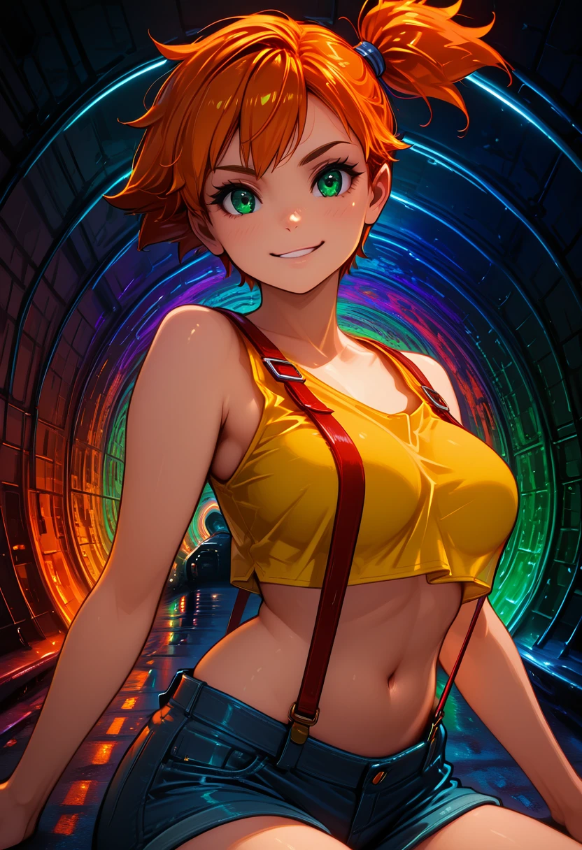 masterpiece, best quality, solo, curvy, beautiful eyes, 1girl, solo, smile, looking at viewer, upper body, sitting, close up, scifi, space,  l1ghtTunn3l, side view, road, street,  <lora:LightTunnel_IXL:1.0>,  BREAK, zzMisty, green eyes, orange hair, short hair, side ponytail, shorts, suspenders, midriff, yellow crop top, navel, denim shorts, <lora:MistyPokemonIXL:1.0>,