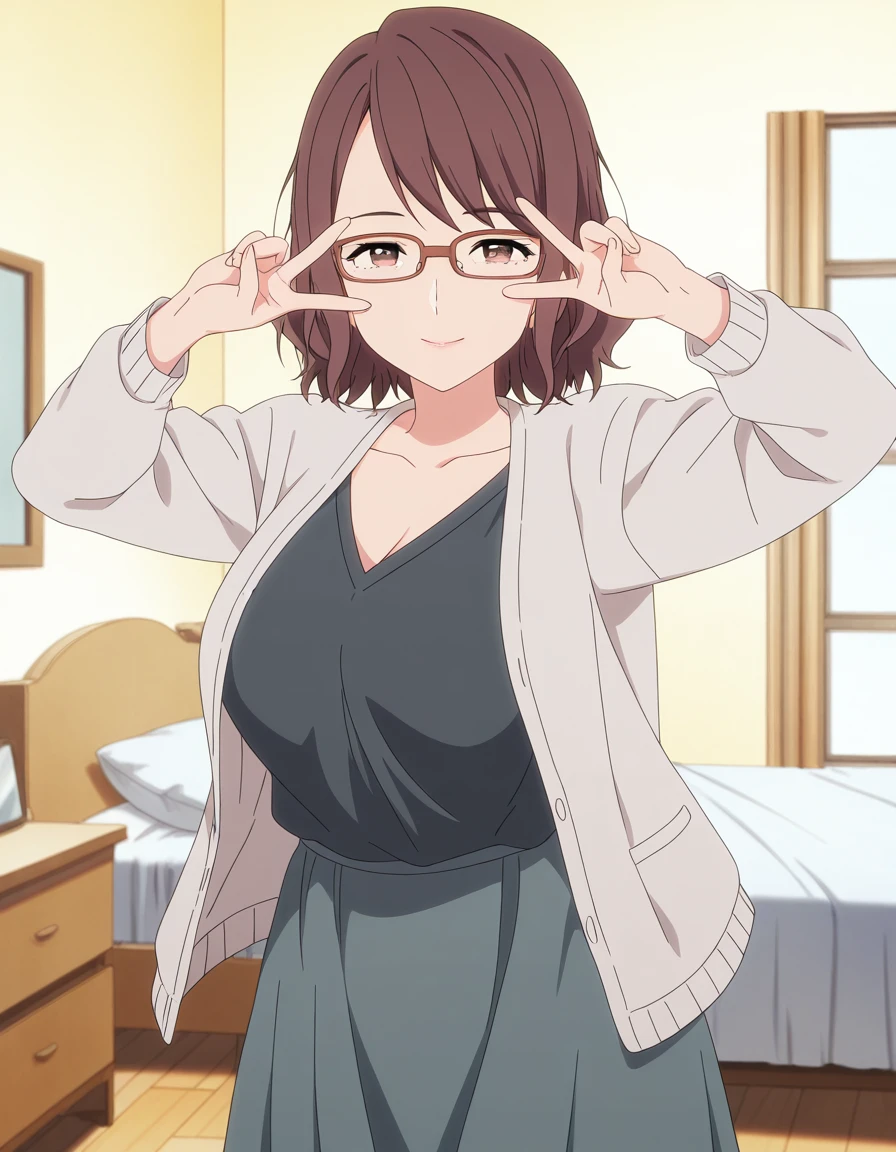 masterpiece, best quality, amazing quality,, <lora:yuuri-makuwa-s1-illustriousxl-lora-nochekaiser:1>, yuuri makuwa, short hair, brown hair, glasses, medium hair, brown eyes, mature female, breasts, anime screencap, shirt, skirt, long sleeves, dress, jacket, open clothes, black shirt, white jacket, cardigan, long skirt, grey jacket,, v, v over eyes,, bedroom, bed, pillows, nightstand, window, cowboy shot, solo, looking at viewer,