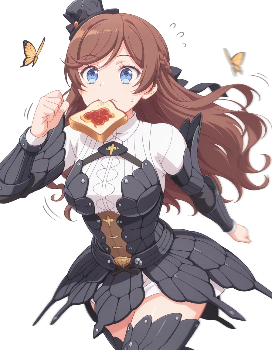 masterpiece, best quality, amazing quality,, <lora:kanpekiseijo-elizabeth-s1-illustriousxl-lora-nochekaiser:1>, kanpekiseijo elizabeth, long hair, blue eyes, brown hair, braid, hair bow, black bow, mature female, medium breasts, anime screencap, <lora:bnahabra-armor-illustriousxl-lora-nochekaiser:1>, bnahabra armor, bnahabra (armor), hat, mini hat, mini top hat, top hat, butterflies, jungle, thighhighs,, <lora:food-in-mouth-running-illustriousxl-lora-nochekaiser:1>, food in mouth running, food in mouth, running, bread, bread slice, food, toast in mouth, toast, sweatdrop, motion lines, motion blur, outdoors,, , <lora:transparent-background-illustriousxl-lora-nochekaiser:1>, transparent background, simple background, white background