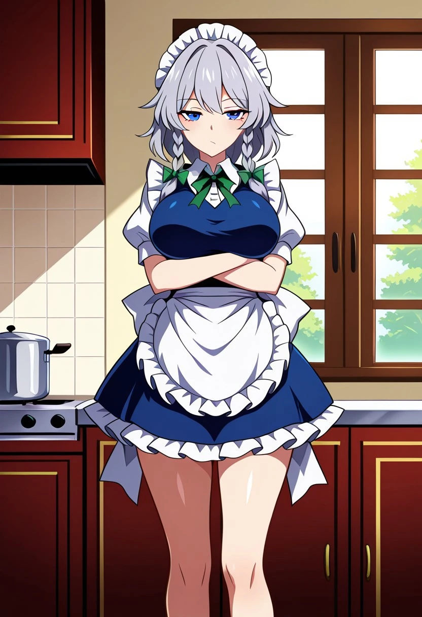 ssaf style, ((kitchen)), ((window)), ((day time)), 1girl, solo, looking at viewer, standing, posing, crossed arms, bored, ((izayoi sakuya)), ((large breasts)), ((grey hair)), medium hair, blue eyes, maid headdress, blue vest, blue skirt, white apron, bare hands, twin braids, puffy sleeves, ((legs))