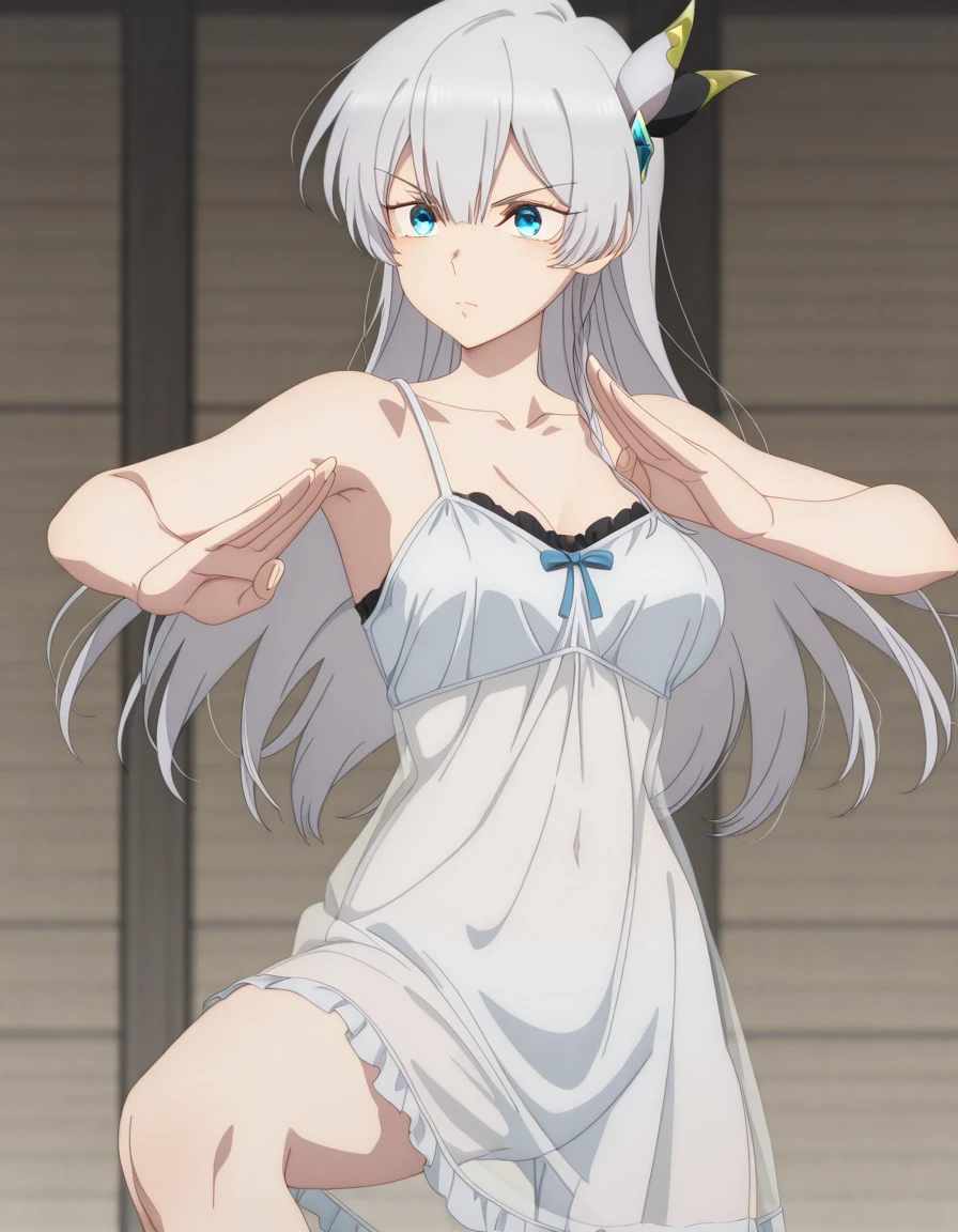 masterpiece, best quality, amazing quality,, <lora:allucia-citrus-s1-illustriousxl-lora-nochekaiser:1>, allucia citrus, long hair, blue eyes, hair ornament, hair between eyes, white hair, grey hair, mature female, medium breasts, anime screencap, <lora:chemise-illustriousxl-lora-nochekaiser:1>, chemise, see-through chemise, see-through clothes, bare shoulders, collarbone,, <lora:kung-fu-illustriousxl-lora-nochekaiser:1>, kung fu, martial arts, training, fighting stance, cowboy shot, hands up, leg up, ,