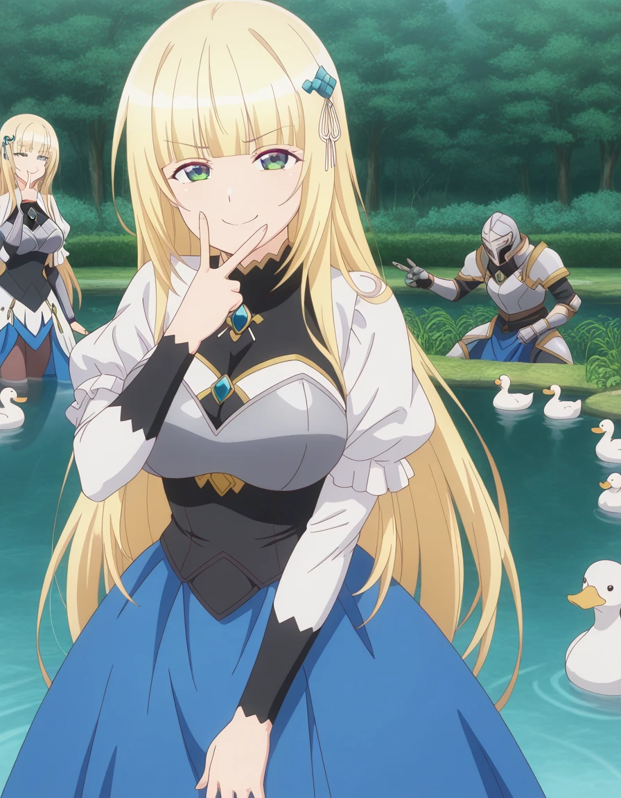 masterpiece, best quality, amazing quality,, <lora:christiana-leta-rosebreia-s1-illustriousxl-lora-nochekaiser:1>, christiana leta rosebreia, long hair, blonde hair, hair ornament, green eyes, blunt bangs, mature female, breasts, anime screencap, dress, pantyhose, puffy sleeves, armor, brooch, v, v over mouth, smug,, pond, still_water, plants, ducks, peaceful, cowboy shot, solo, looking at viewer,