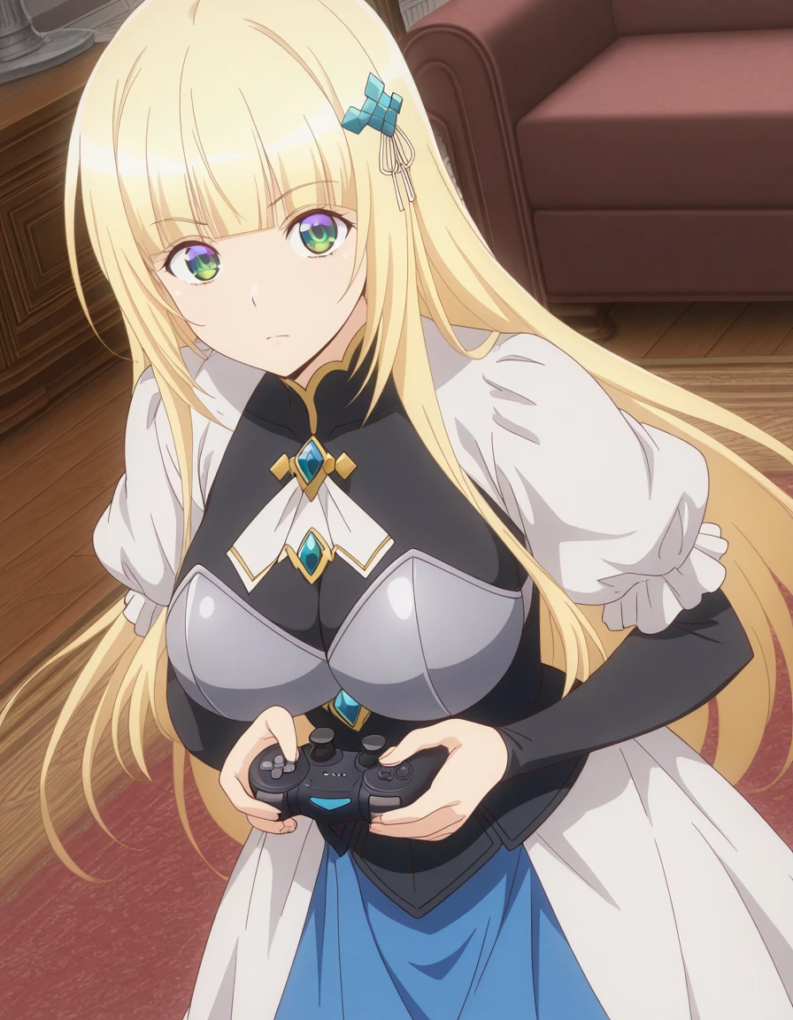 masterpiece, best quality, amazing quality,, <lora:christiana-leta-rosebreia-s1-illustriousxl-lora-nochekaiser:1>, christiana leta rosebreia, long hair, blonde hair, hair ornament, green eyes, blunt bangs, mature female, breasts, anime screencap, dress, pantyhose, puffy sleeves, armor, brooch, from above,, living room, video game, controller, competitive, fun, afternoon, cowboy shot, solo, looking at viewer,