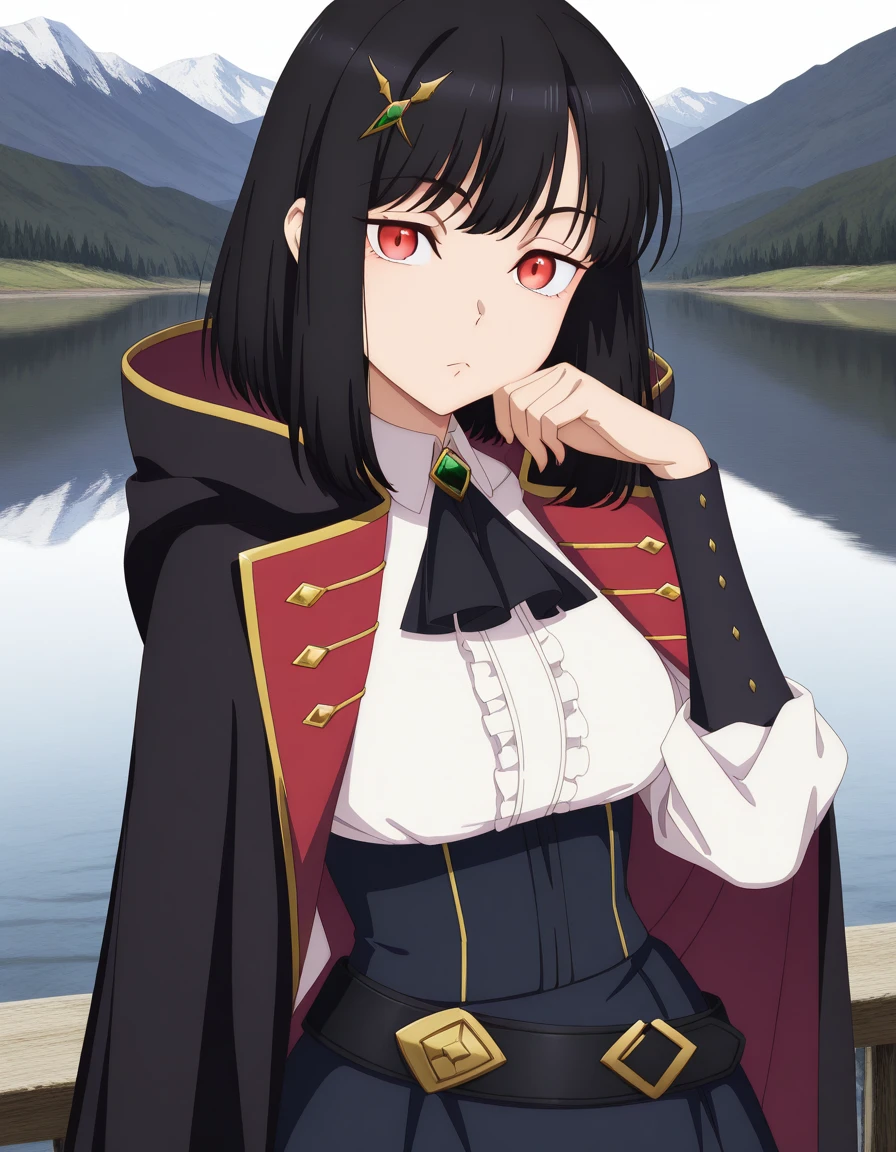 masterpiece, best quality, amazing quality,, <lora:ficelle-harbeller-s1-illustriousxl-lora-nochekaiser:1>, ficelle harbeller, short hair, black hair, hair ornament, red eyes, medium hair, mature female, medium breasts, anime screencap, shirt, skirt, long sleeves, jewelry, white shirt, frills, collared shirt, belt, hood, cape, blue skirt, ascot, brooch, black belt, black ascot, head rest, lake, water, reflection, mountains, calm, cowboy shot, solo, looking at viewer, <lora:transparent-background-illustriousxl-lora-nochekaiser:1>, transparent background, simple background, white background