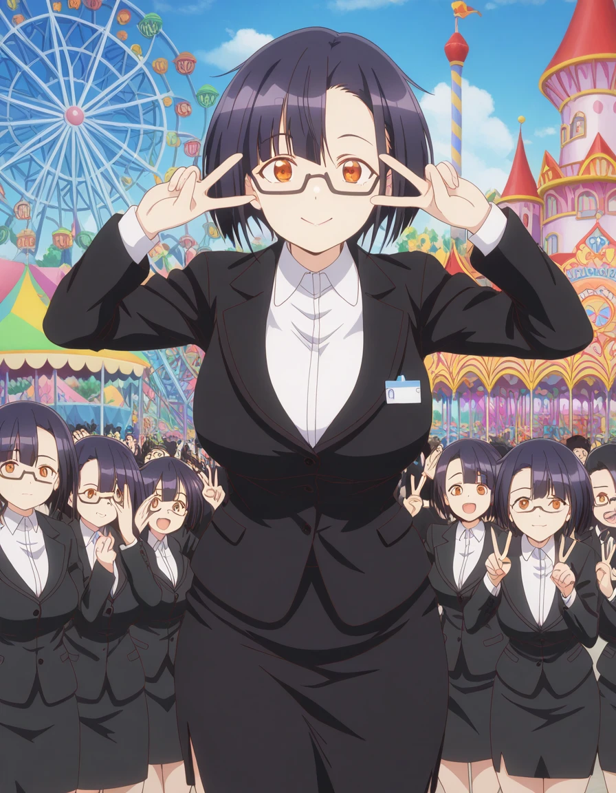 masterpiece, best quality, amazing quality,, <lora:nias-carlin-s1-illustriousxl-lora-nochekaiser:1>, nias carlin, short hair, black hair, brown eyes, orange eyes, glasses, asymmetrical bangs, semi-rimless eyewear, under-rim eyewear, black-framed eyewear, mature female, breasts, anime screencap, shirt, skirt, long sleeves, jacket, white shirt, collared shirt, black skirt, black jacket, formal, suit, pencil skirt, office lady, business suit, skirt suit, v, v over eyes,, amusement park, rides, crowds, fun, colorful, cowboy shot, solo, looking at viewer,