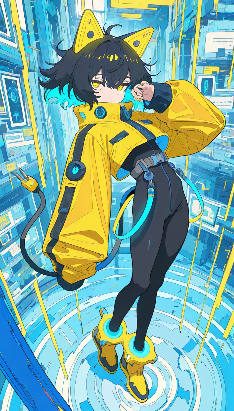 masterpiece, best quality, amazing quality, very aesthetic, absurdres, newest, scenery,
, aroused face, aroused,, electrocat, 1girl,
black hair, short hair, messy hair, yellow highlights, blue highlights,
cat ears, cyber ears, glowing accents, yellow eyes, heterochromatic hair accents, electric motif,
yellow jacket, oversized sleeves, cropped jacket, zipper, futuristic jacket,
black , skin-tight, high-waist belt, utility straps, harness,
futuristic boots, yellow boots, black and yellow shoes, ankle cuffs,
electric plug tail, cable tail, plug accessory,
electric cable tail, power plug,
dynamic poses, ,
indoor,
blue and white theme, glitch, cyber world, , animated, dynamic angle, upper body, close-up,portrait, from above, fisheye lens, detailed face,colorful, close-up, masterpiece, best quality, amazing quality, very aesthetic, absurdres, newest, scenery, volumetric lighting