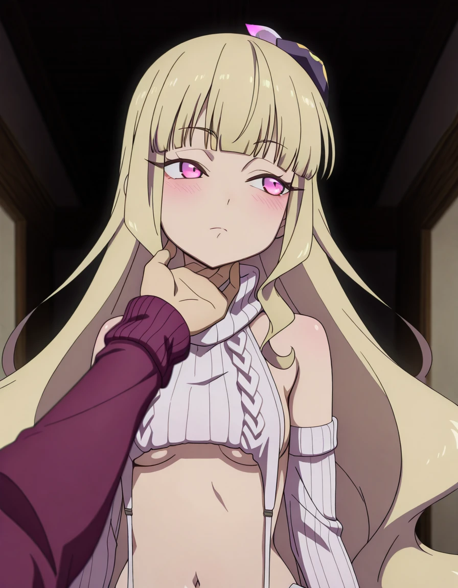 masterpiece, best quality, amazing quality,, <lora:lucy-diamond-s1-illustriousxl-lora-nochekaiser:1>, lucy diamond, long hair, blonde hair, very long hair, pink eyes, purple eyes, blunt bangs, wavy hair, mature female, small breasts, anime screencap, <lora:virgin-destroyer-sweater-illustriousxl-lora-nochekaiser:1>, virgin destroyer sweater, ribbed thighhighs, ribbed panties, ribbed sleeves, aran legwear, write garter straps, sleeveless sweater, sleeveless turtleneck, turtleneck sweater, cropped sweater, underboob, navel, sideboob,, <lora:stroking-anothers-chin-pov-illustriousxl-lora-nochekaiser:1>, stroking another's chin pov, stronking another's chin, pov, pov hands, blush, upper body, looking to the side,, ,
