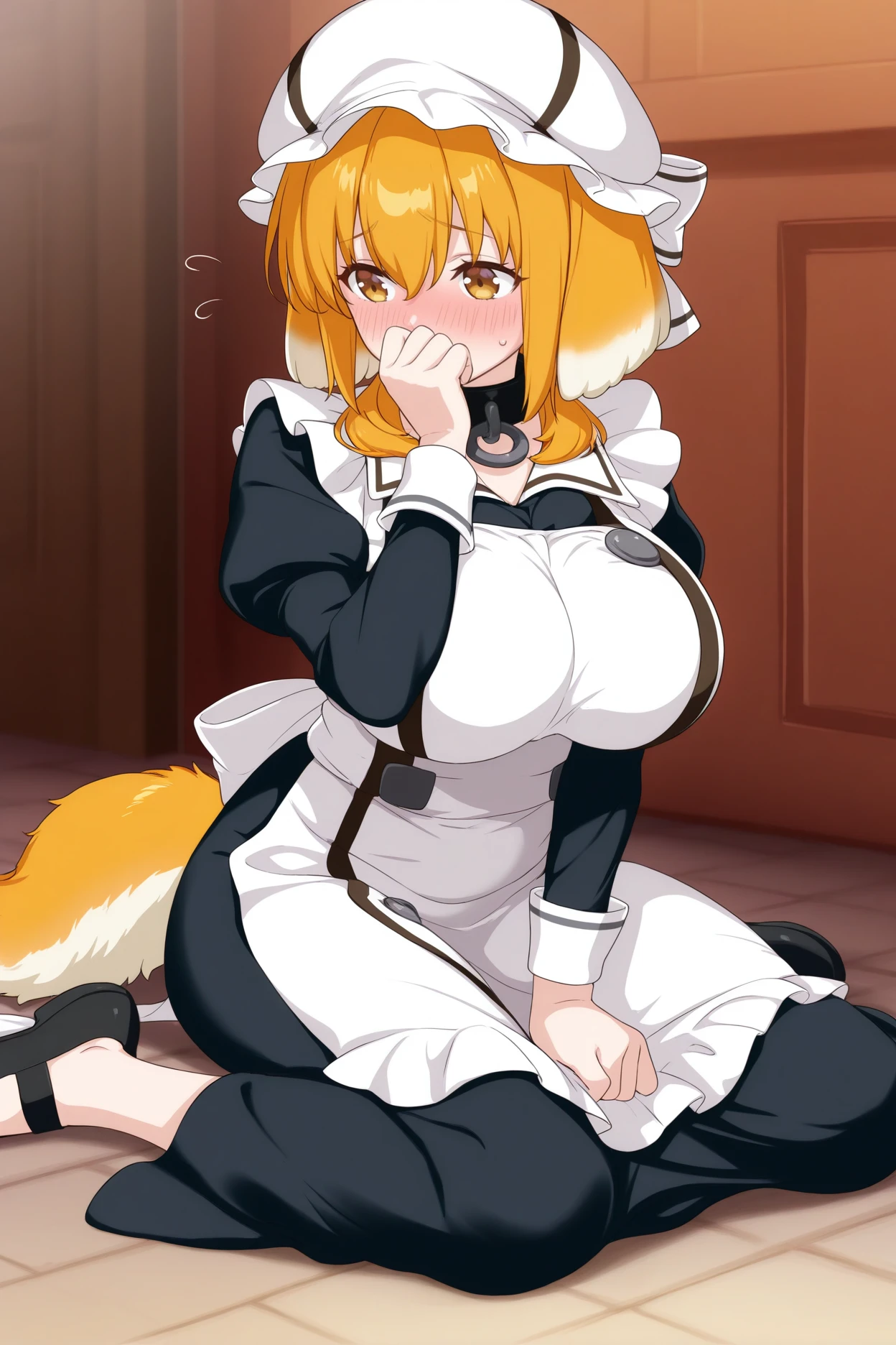 A male tall teenager Wolf hybrid cat with Orange fur with blue colour eyes, wear maid clothes and he begging to stop with tail being hold tight and pull by hand, body trembling and Satisfied with small cock are have fuck threesome in public