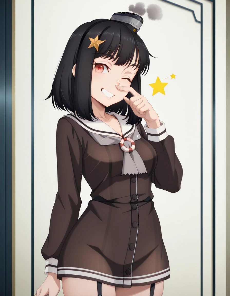 masterpiece, best quality, amazing quality,, <lora:ficelle-harbeller-s1-illustriousxl-lora-nochekaiser:1>, ficelle harbeller, short hair, black hair, hair ornament, red eyes, medium hair, mature female, medium breasts, anime screencap, <lora:kancolle-amatsukaze-cosplay-illustriousxl-lora-nochekaiser:1>, kancolle amatsukaze cosplay, amatsukaze (kancolle) (cosplay), lifebouy ornament, sailor dress, smokestack hair ornament, grey neckerchief, lifebouy, cosplay, garter straps, brown dress, striped thighhighs, mini hat, red thighhighs, short dress,, <lora:rubbing-nose-illustriousxl-lora-nochekaiser:1>, rubbing nose, looking at viewer, smile, one eye closed, hand up, teeth, star (symbol),, ,