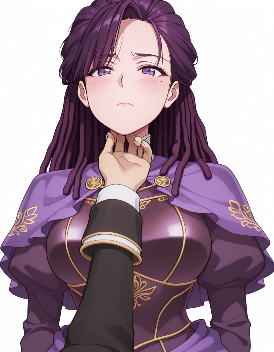 masterpiece, best quality, amazing quality,, <lora:tobeherox-bowa-s1-illustriousxl-lora-nochekaiser:1>, bowa, long hair, viewer, purple hair, purple eyes, mole, mole under eye, hair behind ear, dreadlocks, mature female, medium breasts, anime screencap, <lora:victorian-illustriousxl-lora-nochekaiser:1>, victorian, armored dress, juliet sleeves, high heel boots, capelet, <lora:stroking-anothers-chin-pov-illustriousxl-lora-nochekaiser:1>, stroking another's chin pov, stronking another's chin, pov, pov hands, blush,, , <lora:transparent-background-illustriousxl-lora-nochekaiser:1>, transparent background, simple background, white background
