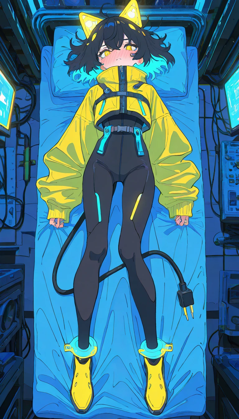 masterpiece, best quality, amazing quality, very aesthetic, absurdres, newest, scenery,
, tearing up, angry, full face blush,,, electrocat, 1girl,
black hair, short hair, messy hair, yellow highlights, blue highlights,
cat ears, cyber ears, glowing accents, yellow eyes, heterochromatic hair accents, electric motif,
yellow jacket, oversized sleeves, cropped jacket, zipper, futuristic jacket,
black , skin-tight, high-waist belt, utility straps, harness,
futuristic boots, yellow boots, black and yellow shoes, ankle cuffs,
electric plug tail, cable tail, plug accessory,
electric cable tail, power plug,
dynamic poses, ,
indoor, lying down,bed, bedroom,
blue and white theme, glitch, cyber world, , animated, dynamic angle, full body, close-up,portrait, from below, fisheye lens, detailed face,colorful, close-up, masterpiece, best quality, amazing quality, very aesthetic, absurdres, newest, scenery, volumetric lighting