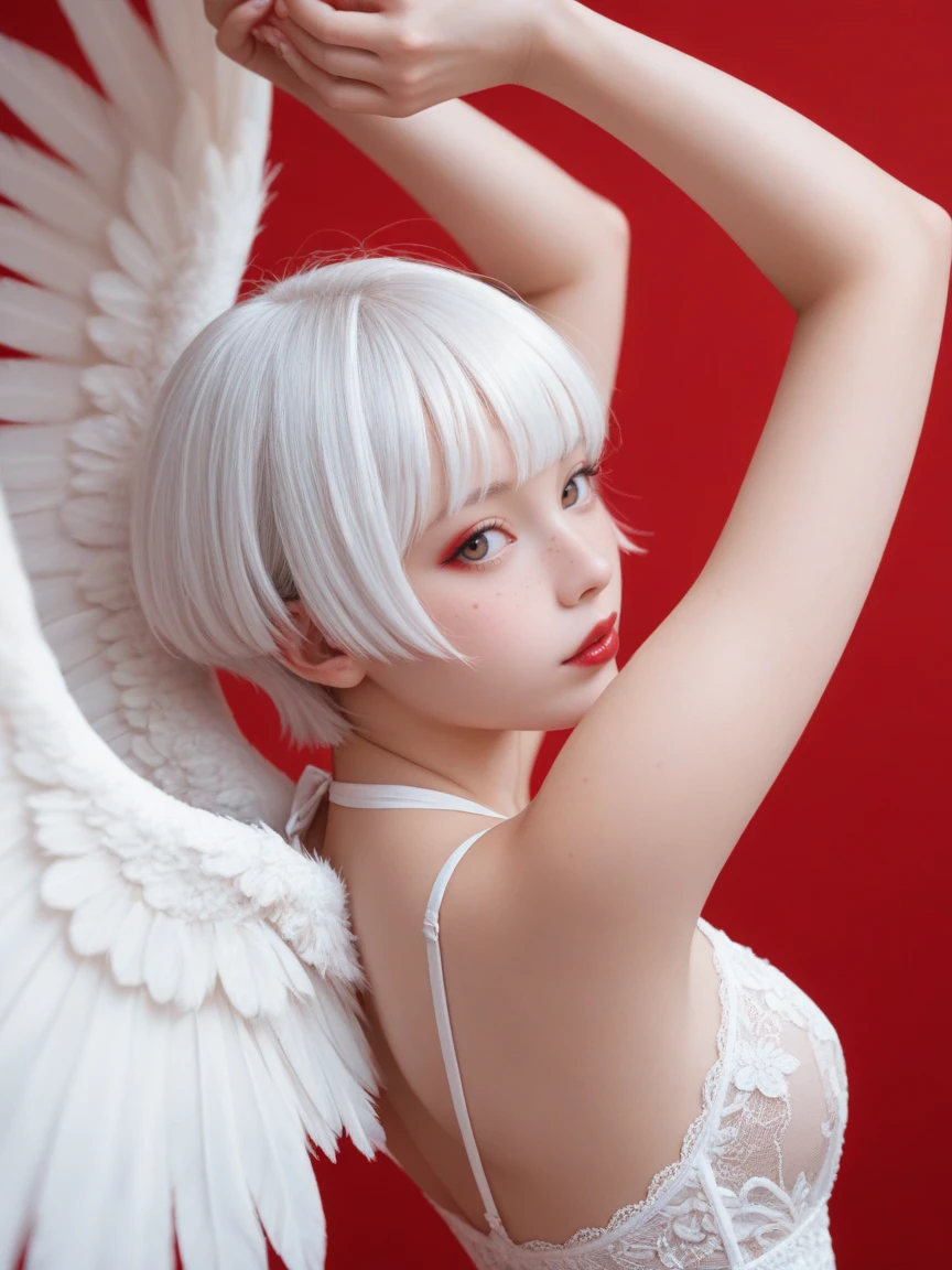 One person Russia They are wearing white cloth, They are hiding their bodies with white cloth. Red eyes White skin Small breasts Angel Halo Angel wings on the back Spread your legs Young Face Completely naked Firm Skin beauty High resolution High precision (Silver Hair) Detailed skin Age 25 Red eyes Detailed face whole body smile ((Bobcut))Association Micro Bikini