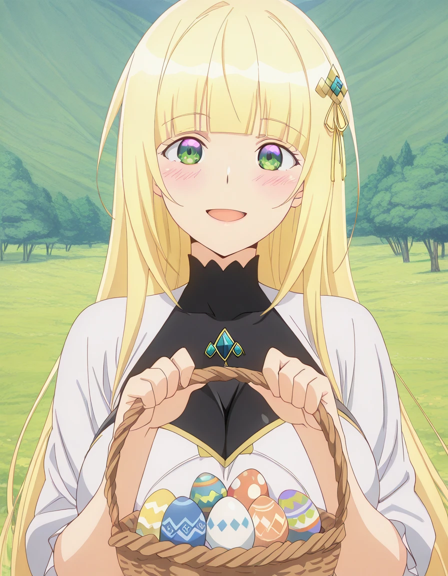 masterpiece, best quality, amazing quality,, <lora:christiana-leta-rosebreia-s1-illustriousxl-lora-nochekaiser:1>, christiana leta rosebreia, long hair, blonde hair, hair ornament, green eyes, blunt bangs, mature female, breasts, anime screencap, <lora:easter-egg-basket-illustriousxl-lora-nochekaiser:1>, easter egg basket, looking at viewer, blush, smile, holding, basket, egg, holding basket, easter egg, outdoors, open mouth, hands up, ,