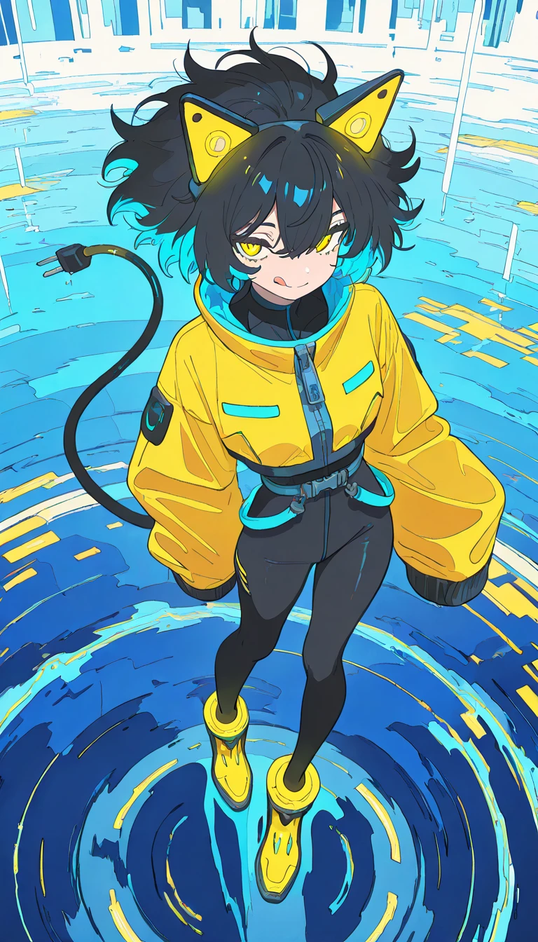 masterpiece, best quality, amazing quality, very aesthetic, absurdres, newest, scenery,
, tongue,licking lips,, electrocat, 1girl,
black hair, short hair, messy hair, yellow highlights, blue highlights,
cat ears, cyber ears, glowing accents, yellow eyes, heterochromatic hair accents, electric motif,
yellow jacket, oversized sleeves, cropped jacket, zipper, futuristic jacket,
black , skin-tight, high-waist belt, utility straps, harness,
futuristic boots, yellow boots, black and yellow shoes, ankle cuffs,
electric plug tail, cable tail, plug accessory,
electric cable tail, power plug,
dynamic poses, ,
indoor,
blue and white theme, glitch, cyber world, , animated, dynamic angle, upper body, close-up,portrait, from above, fisheye lens, detailed face,colorful, close-up, masterpiece, best quality, amazing quality, very aesthetic, absurdres, newest, scenery, volumetric lighting