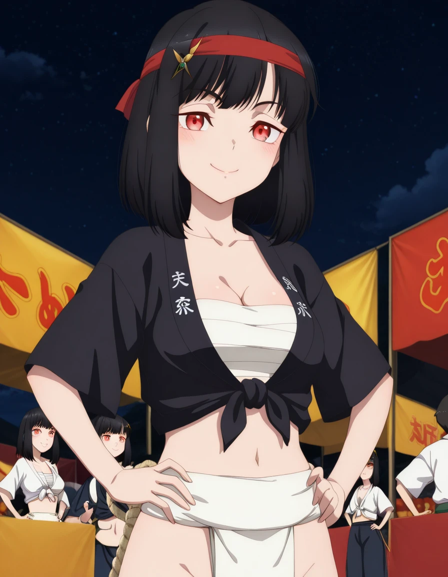 masterpiece, best quality, amazing quality,, <lora:ficelle-harbeller-s1-illustriousxl-lora-nochekaiser:1>, ficelle harbeller, short hair, black hair, hair ornament, red eyes, medium hair, mature female, medium breasts, anime screencap, <lora:mizu-happi-illustriousxl-lora-nochekaiser:1>, mizu happi, fundoshi, japanese clothes, happi, tied shirt, headband, sarashi, cleavage, collarbone, navel, hands on own hips, festival, night sky, smile, blush,, smile, ,
