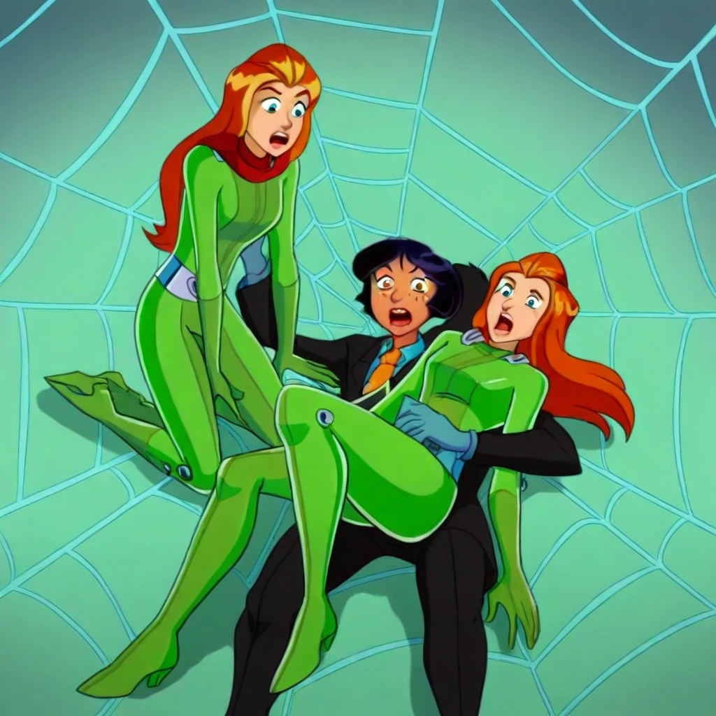 sam, totally spies, green eyes, orange hair, kneeling, shota-boy, doggystyle sex, boy, on all fours, room, green catsuit, boots, gloves, grin, blue shirt